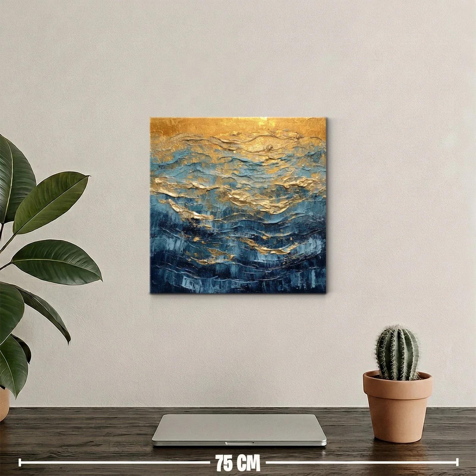 Cuadro abstracto con tonos dorados y azules vibrantes — miniatura 2