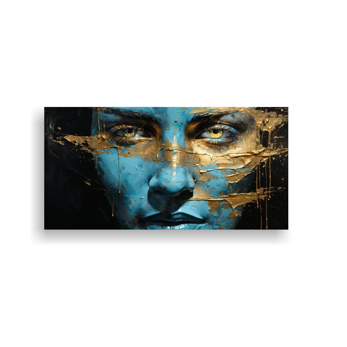 Cuadro rostro de mujer con pintura azul y franjas doradas — imagen principal