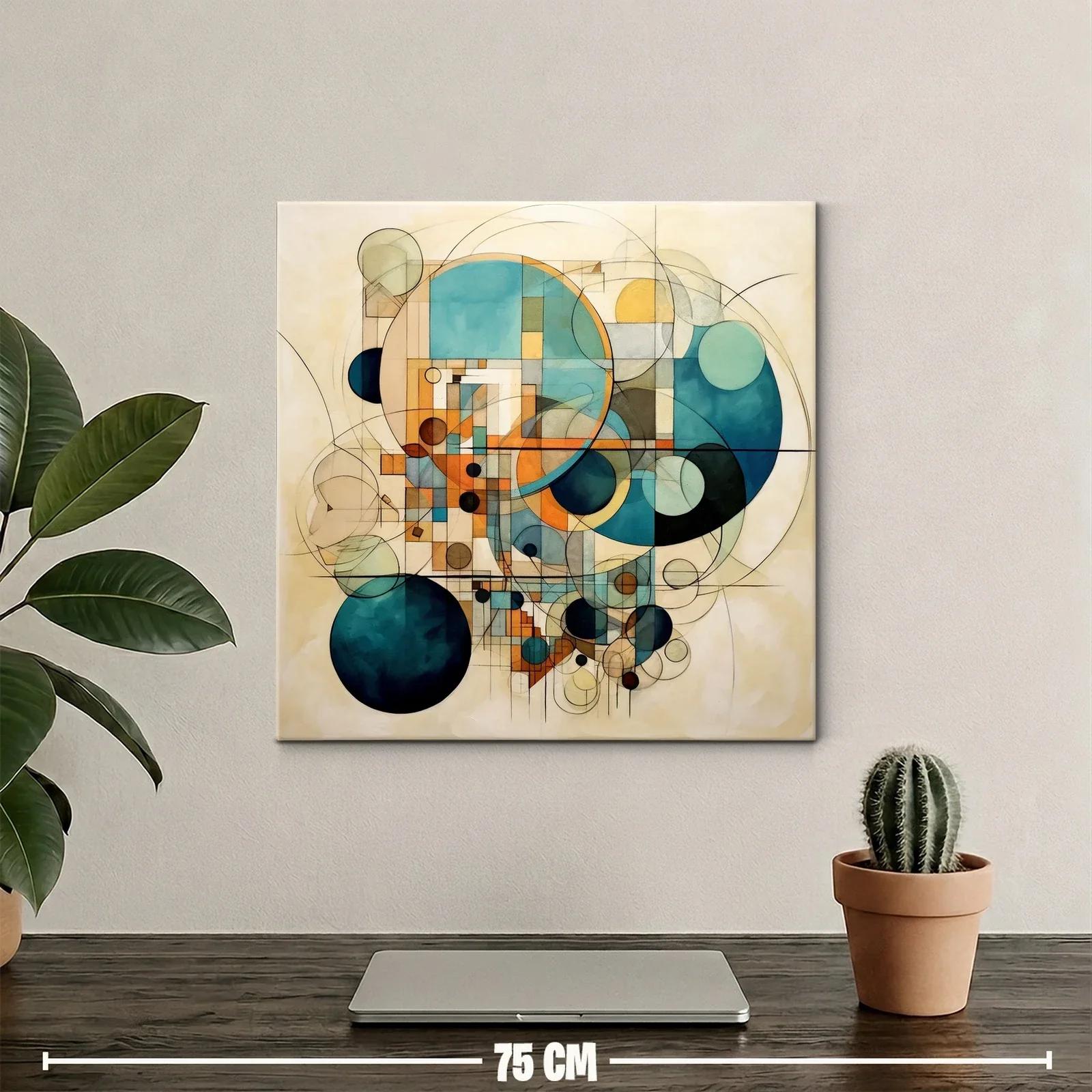Cuadro abstracto de círculos geométricos en tonos azules y ocres — miniatura 2