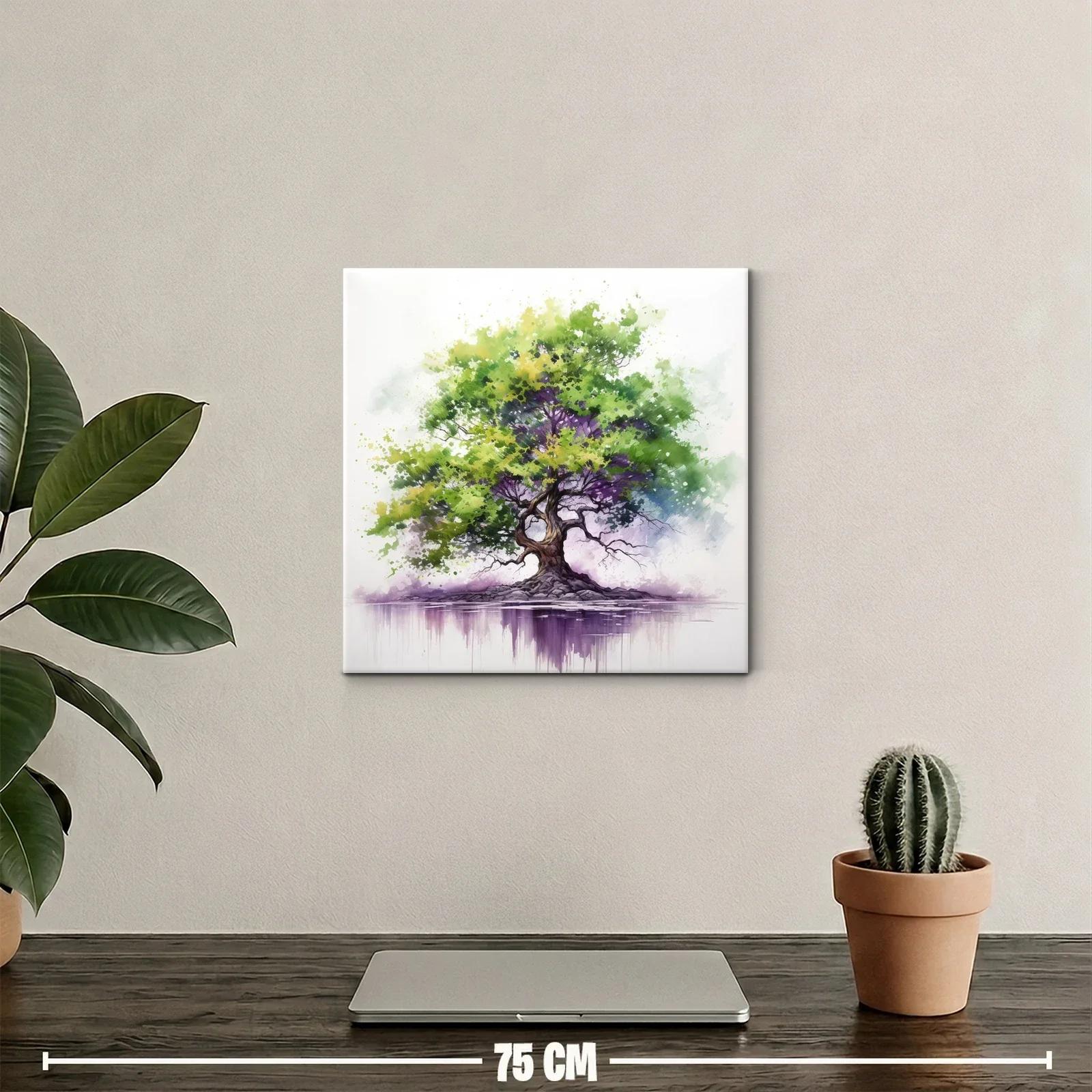 Árbol vibrante con tonos verdes y morados sobre reflejo acuático — miniatura 2