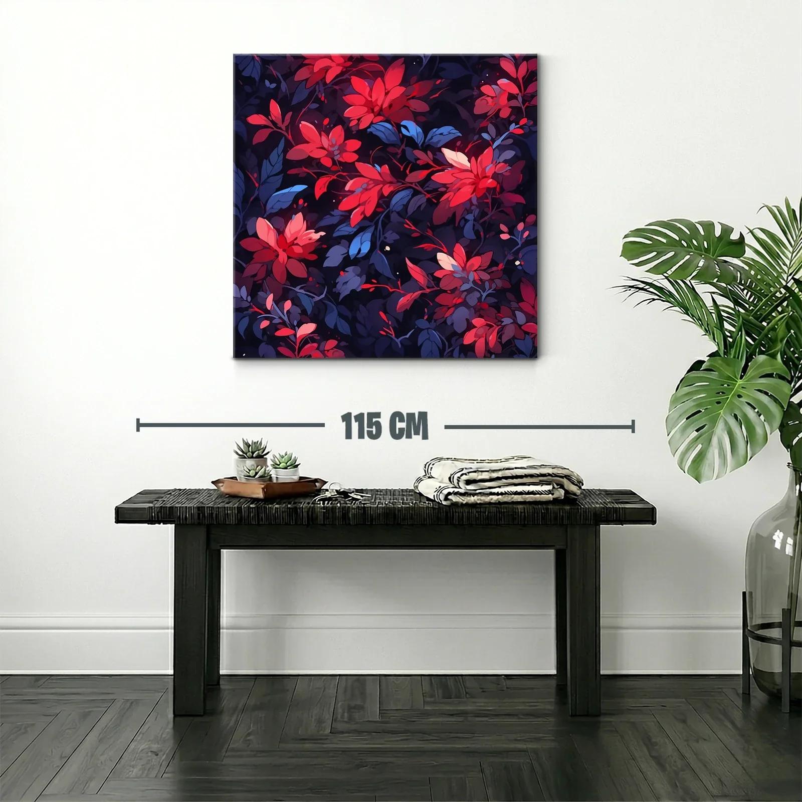 Cuadro floral vibrante en tonos rojos y azul oscuro — miniatura 2