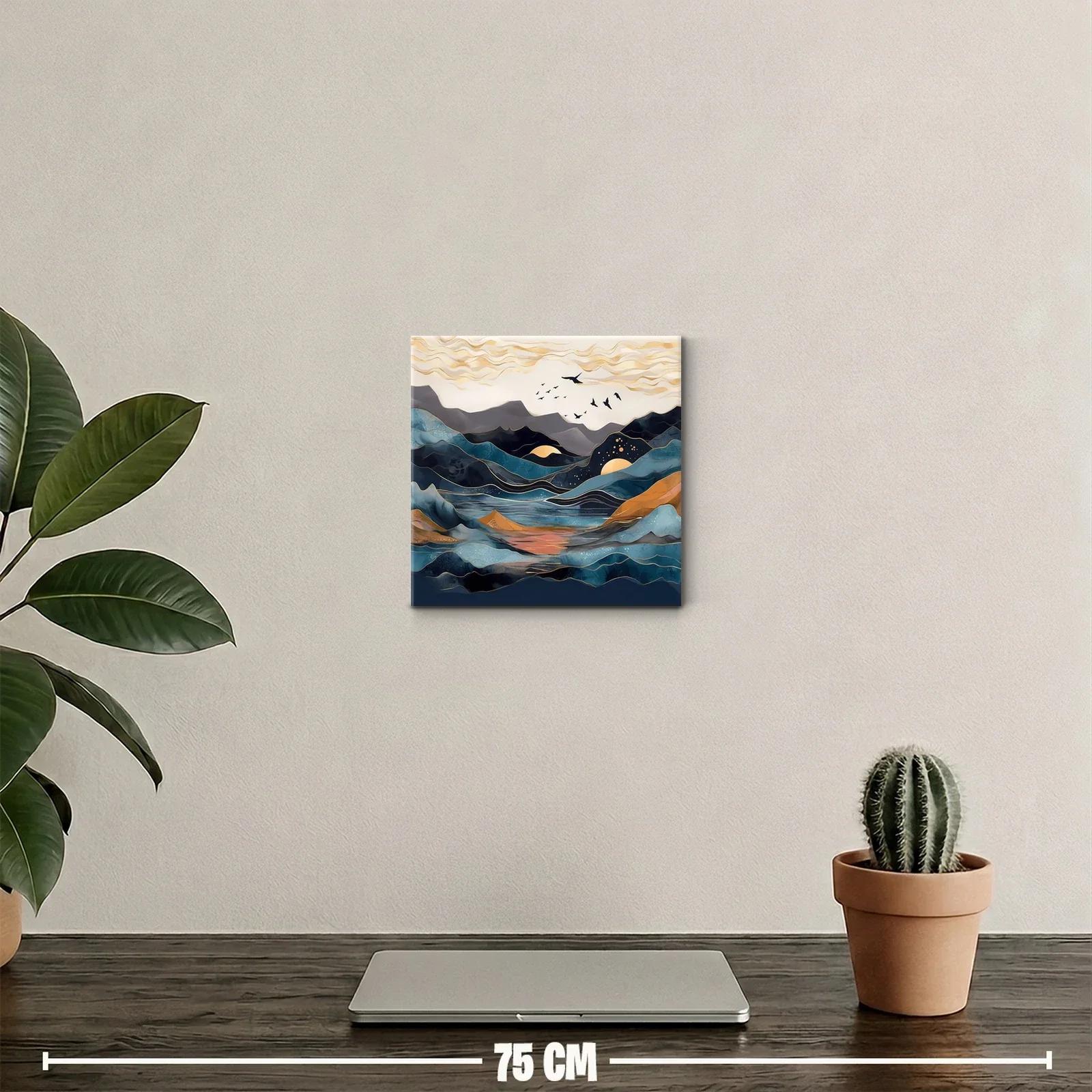 Paisaje abstracto con montañas y aves en tonos azules y dorados — miniatura 2