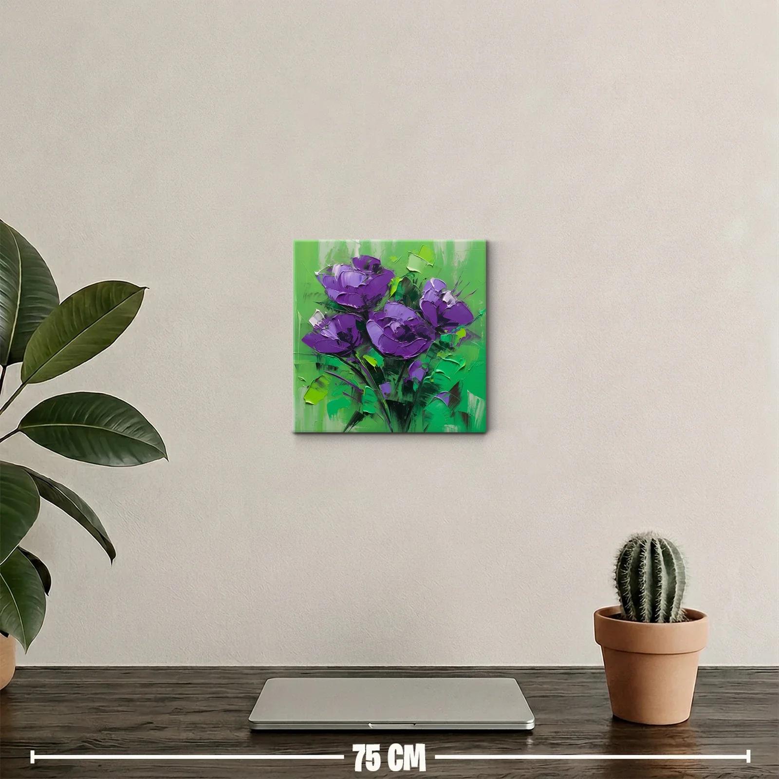 Cuadro con ramo de flores moradas sobre fondo verde vibrante — miniatura 2