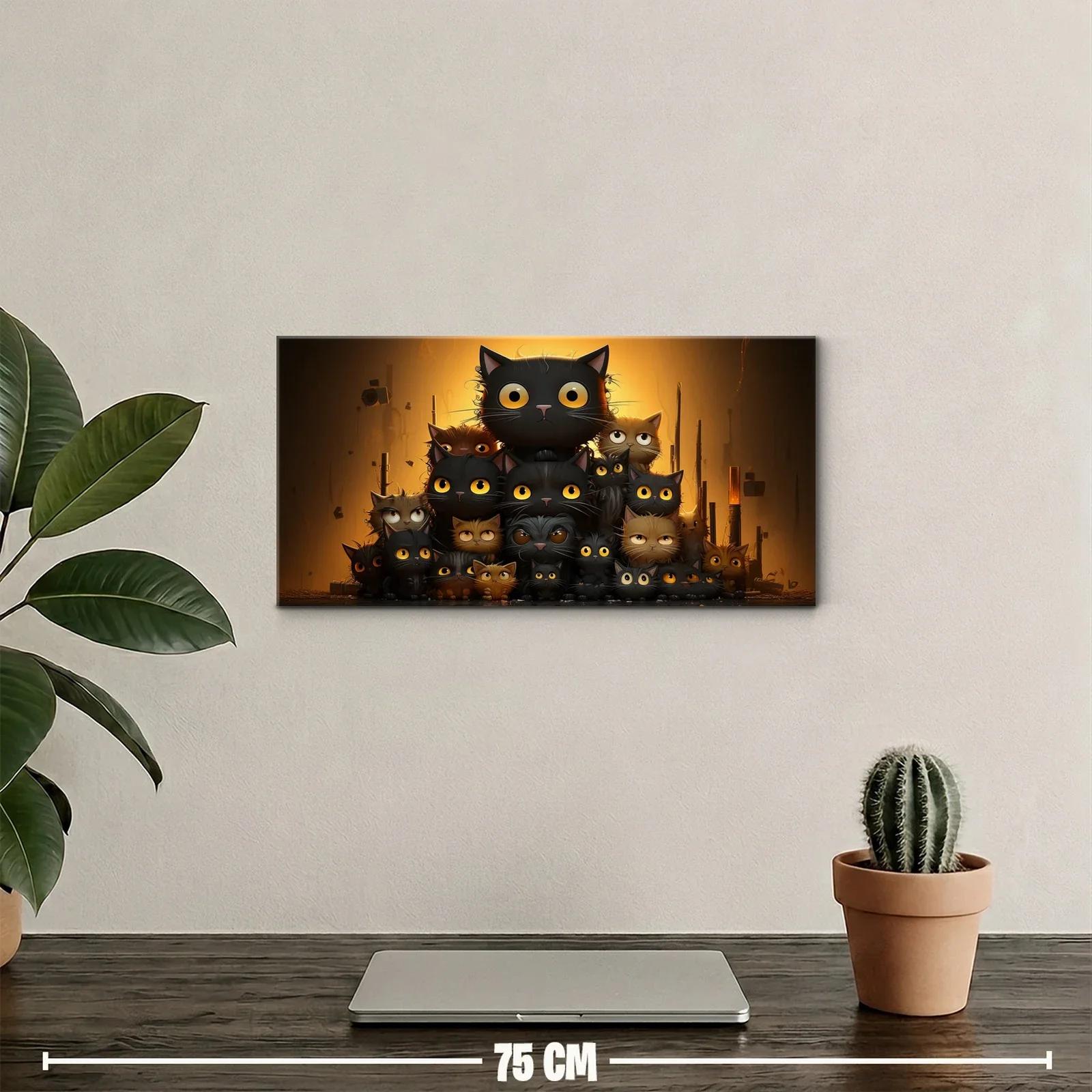 Cuadro grupo de gatos negros de ojos amarillos con fondo ámbar — miniatura 2