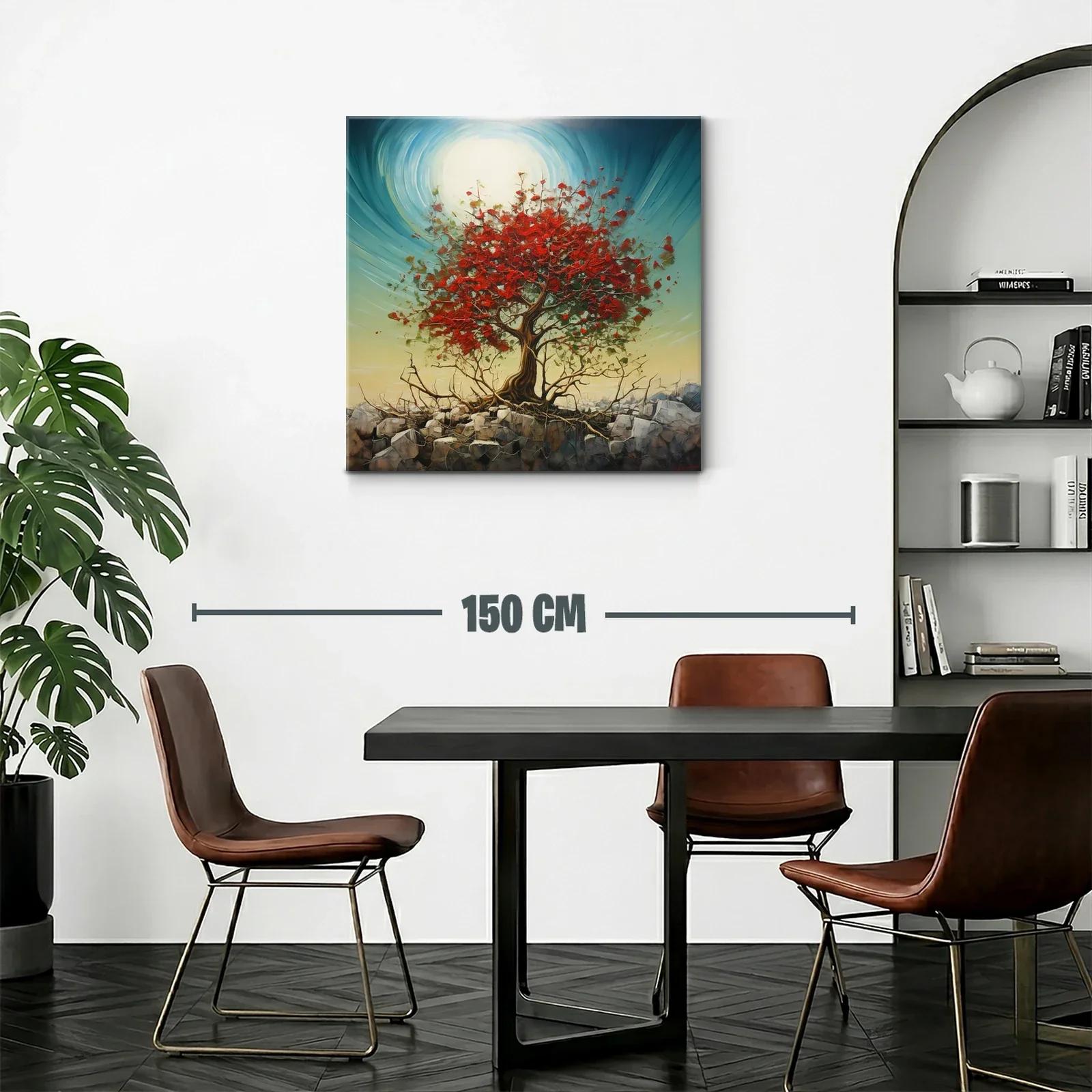 Árbol rojo vibrante sobre rocas con cielo luminoso — miniatura 2