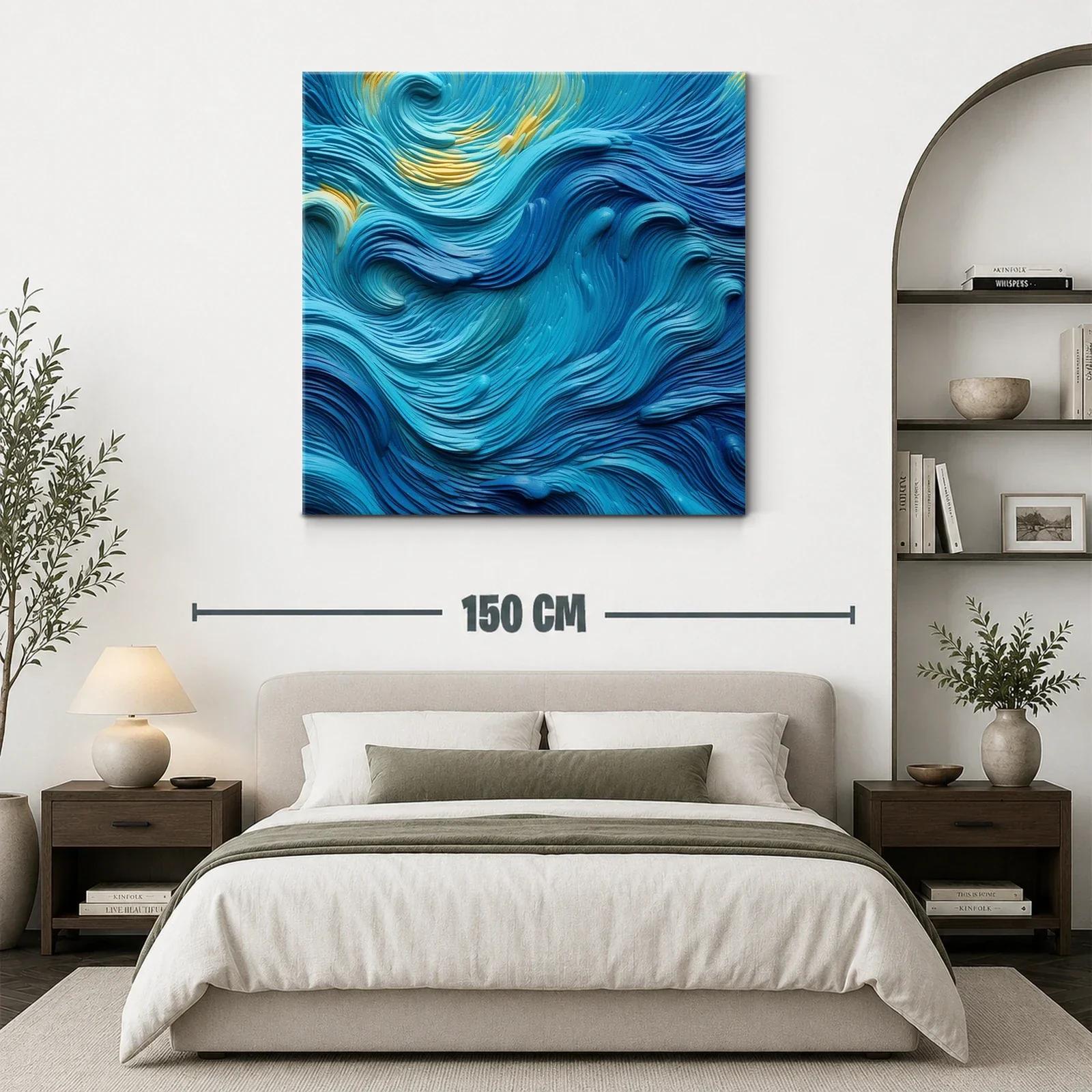 Cuadro abstracto con ondas en tonos azules y toques dorados — miniatura 3