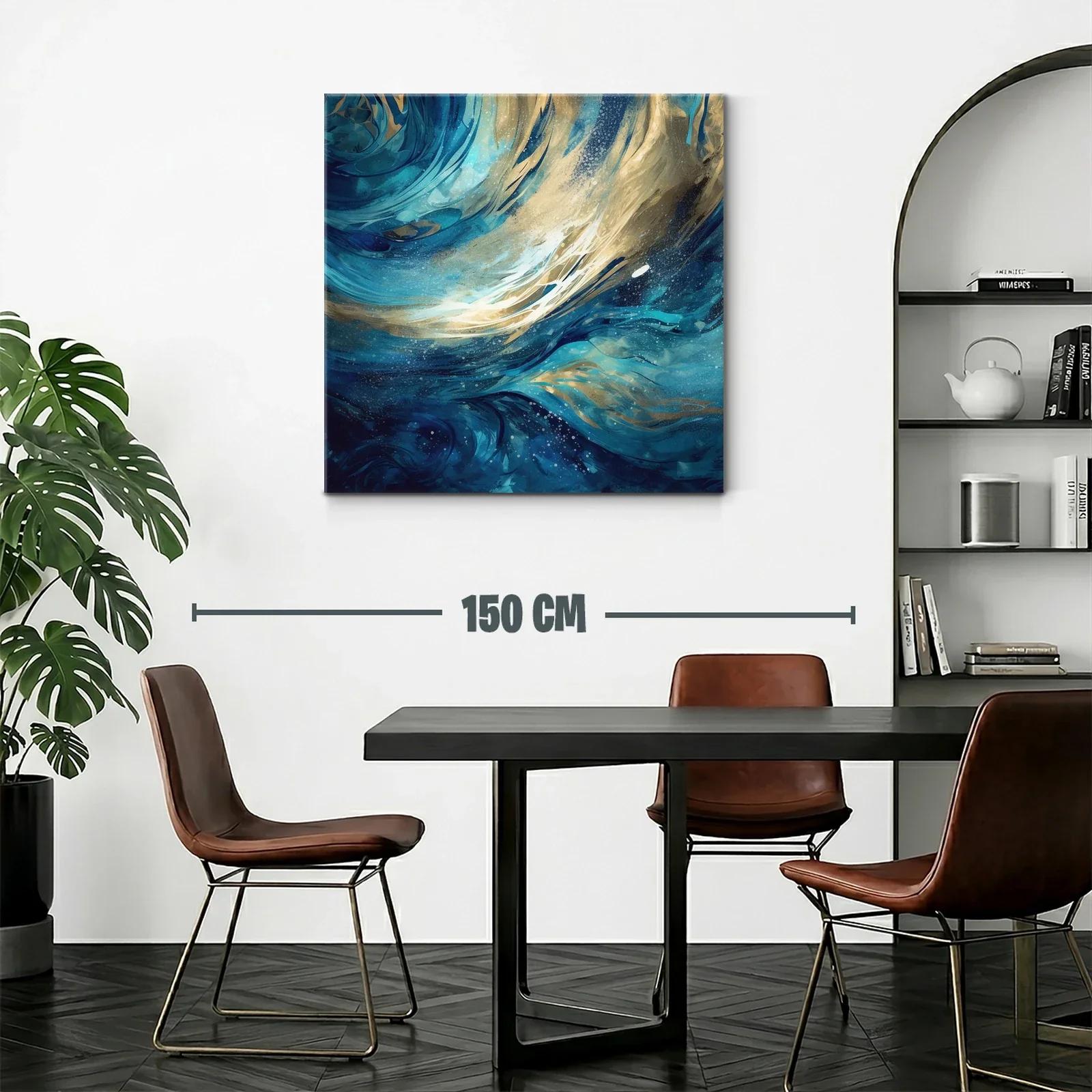 Cuadro abstracto con ondas dinámicas en tonos azul y dorado — miniatura 2