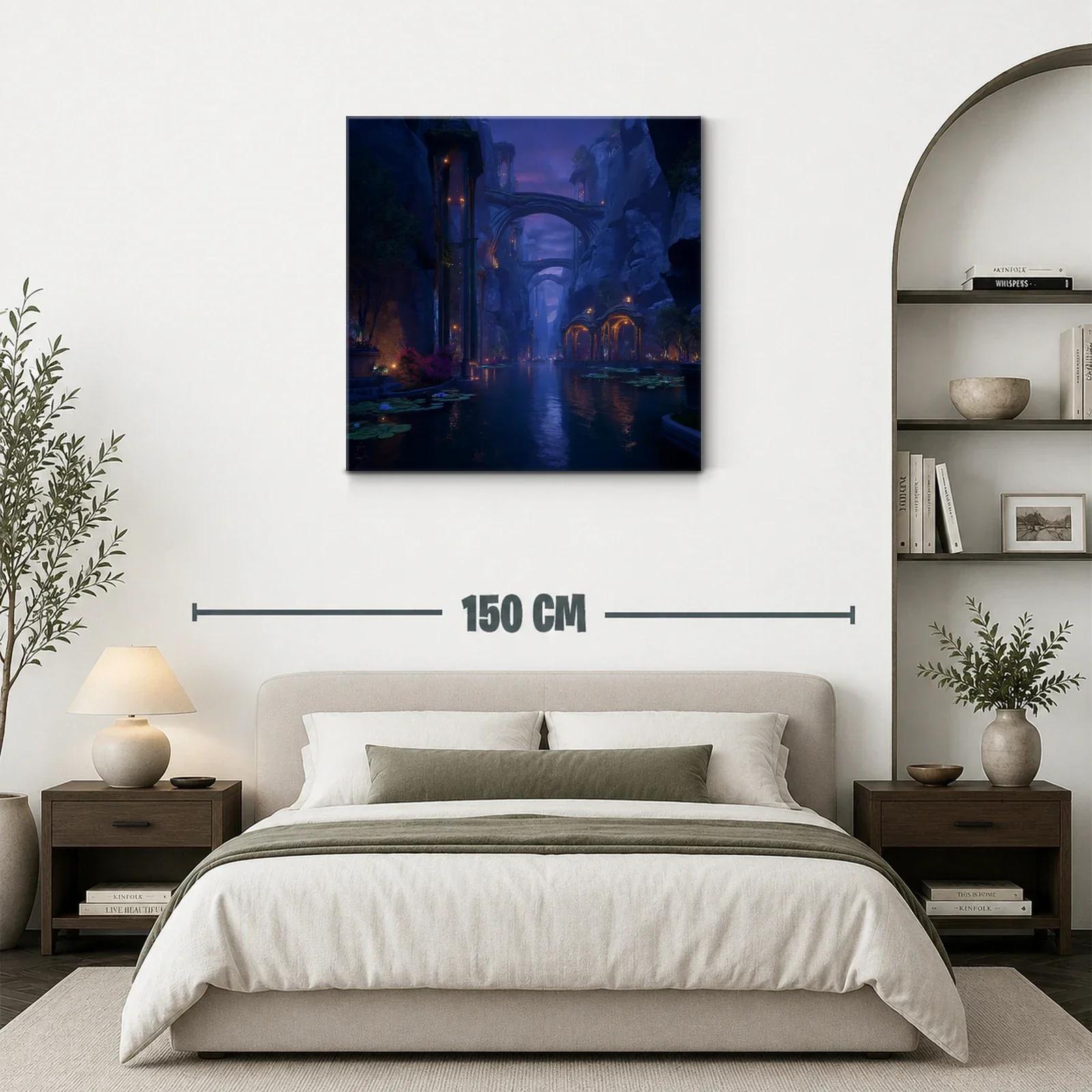 Paisaje nocturno místico en cañón con arcos iluminados — miniatura 3