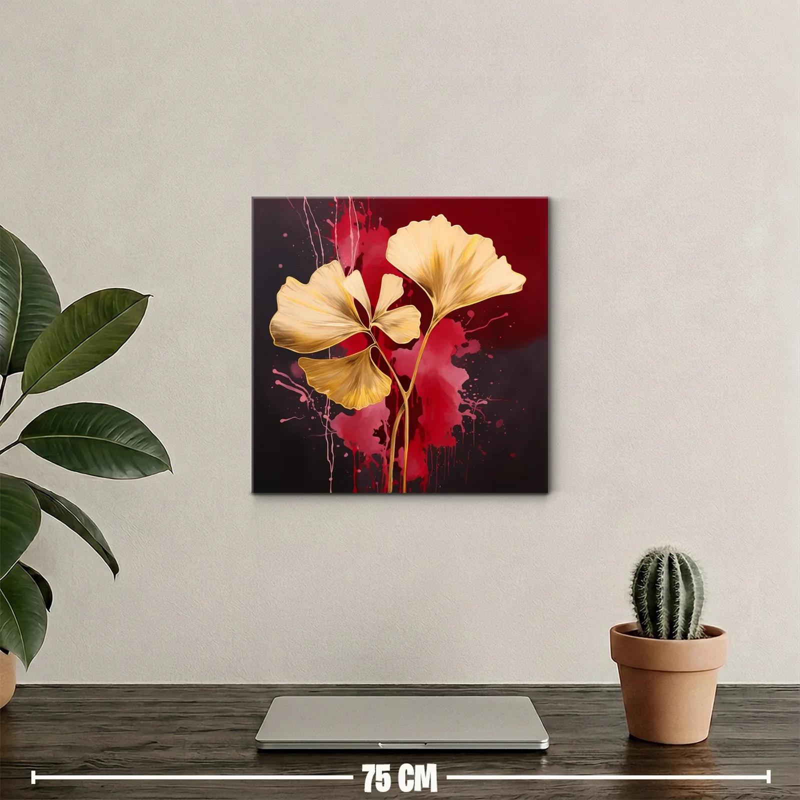 Elegancia dorada con hojas abstractas sobre fondo rojo intenso — miniatura 2
