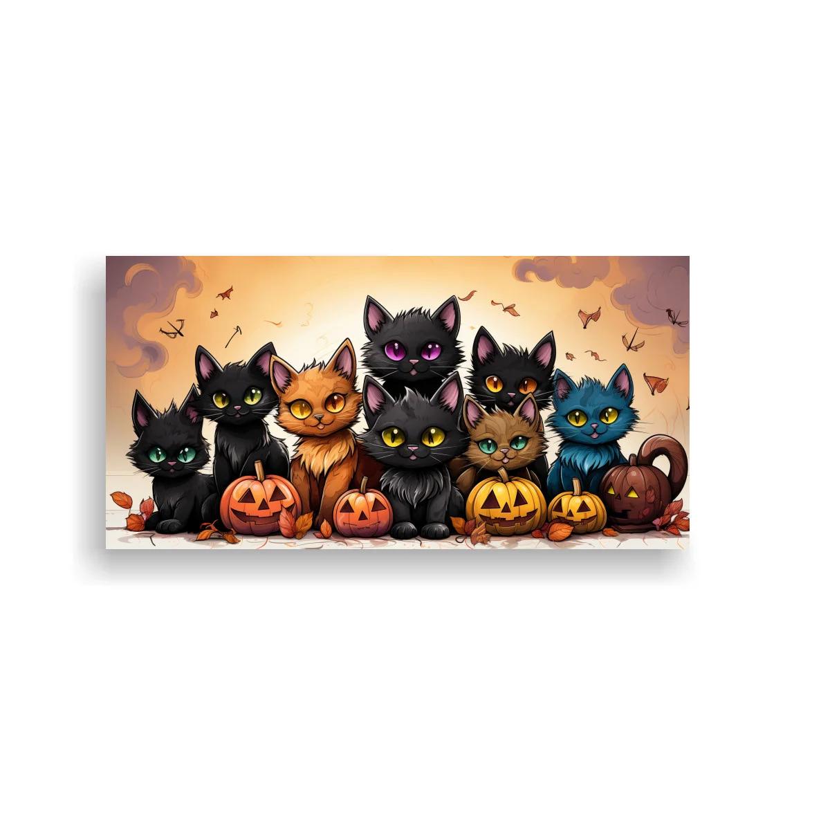 Cuadro gatos alineados con calabazas y murciélagos — imagen principal