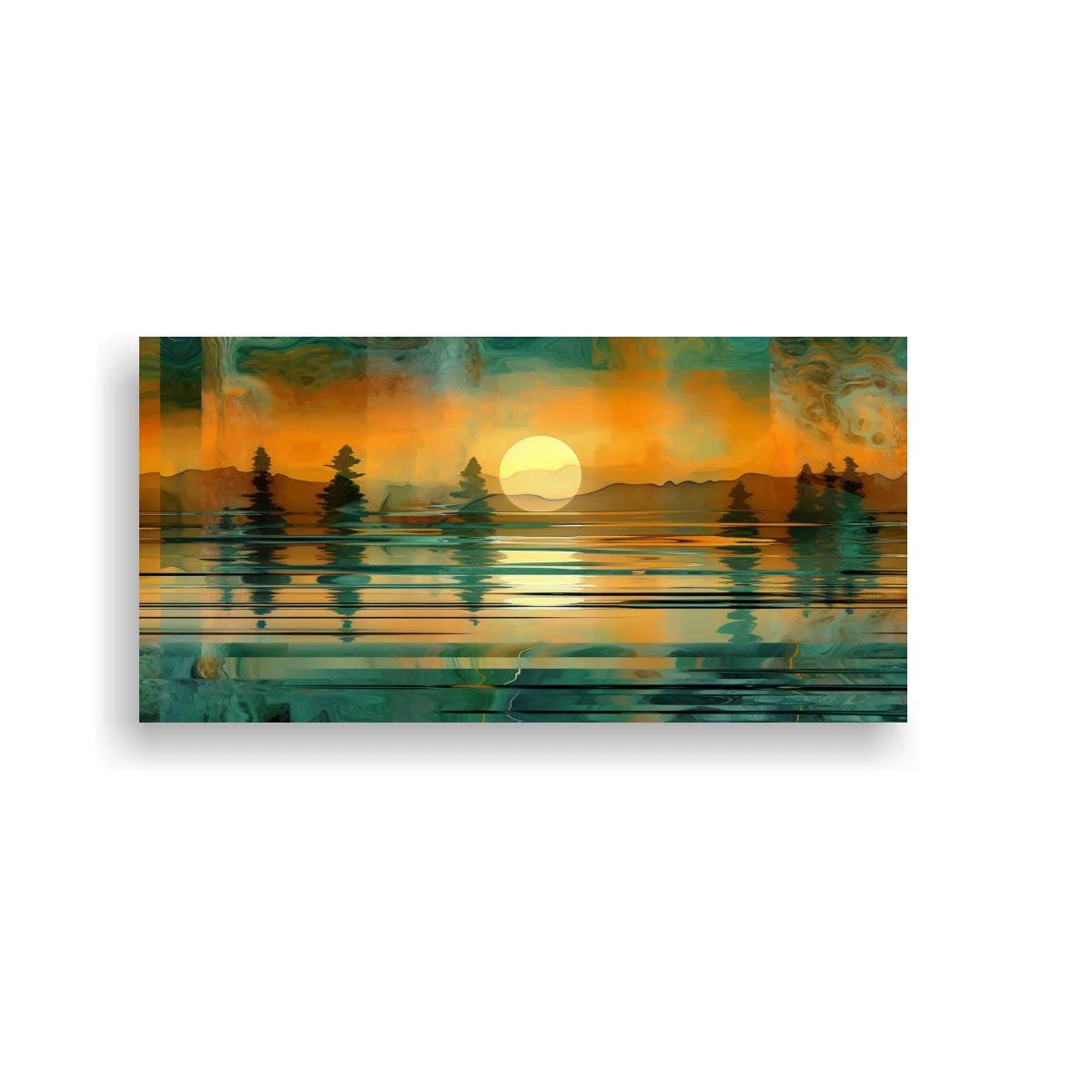 Cuadro atardecer sobre el lago con árboles y montañas en silueta — imagen principal