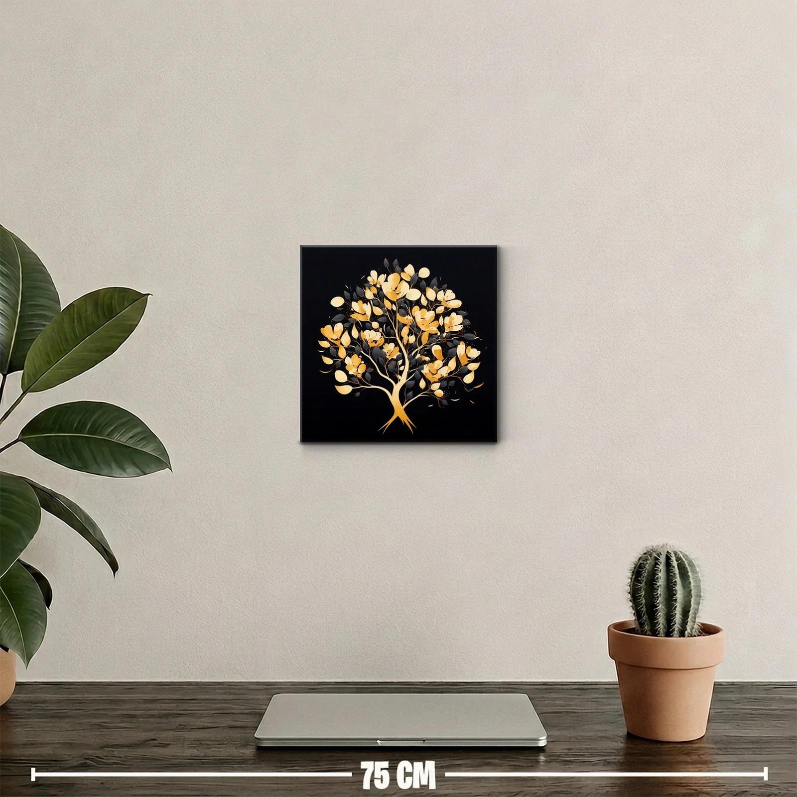 Árbol dorado con flores y hojas negras sobre fondo oscuro — miniatura 2