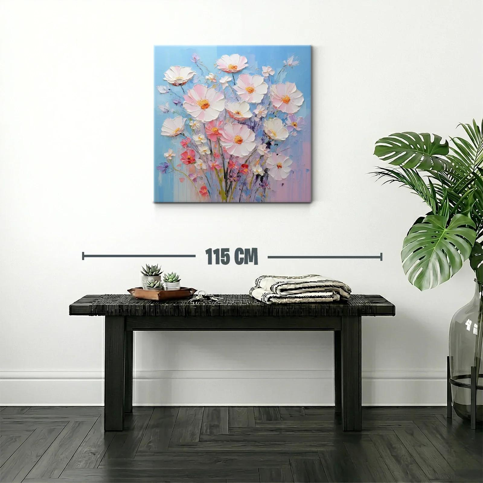 Cuadro ramo de flores delicadas en tonos pastel y fondo azul — miniatura 2