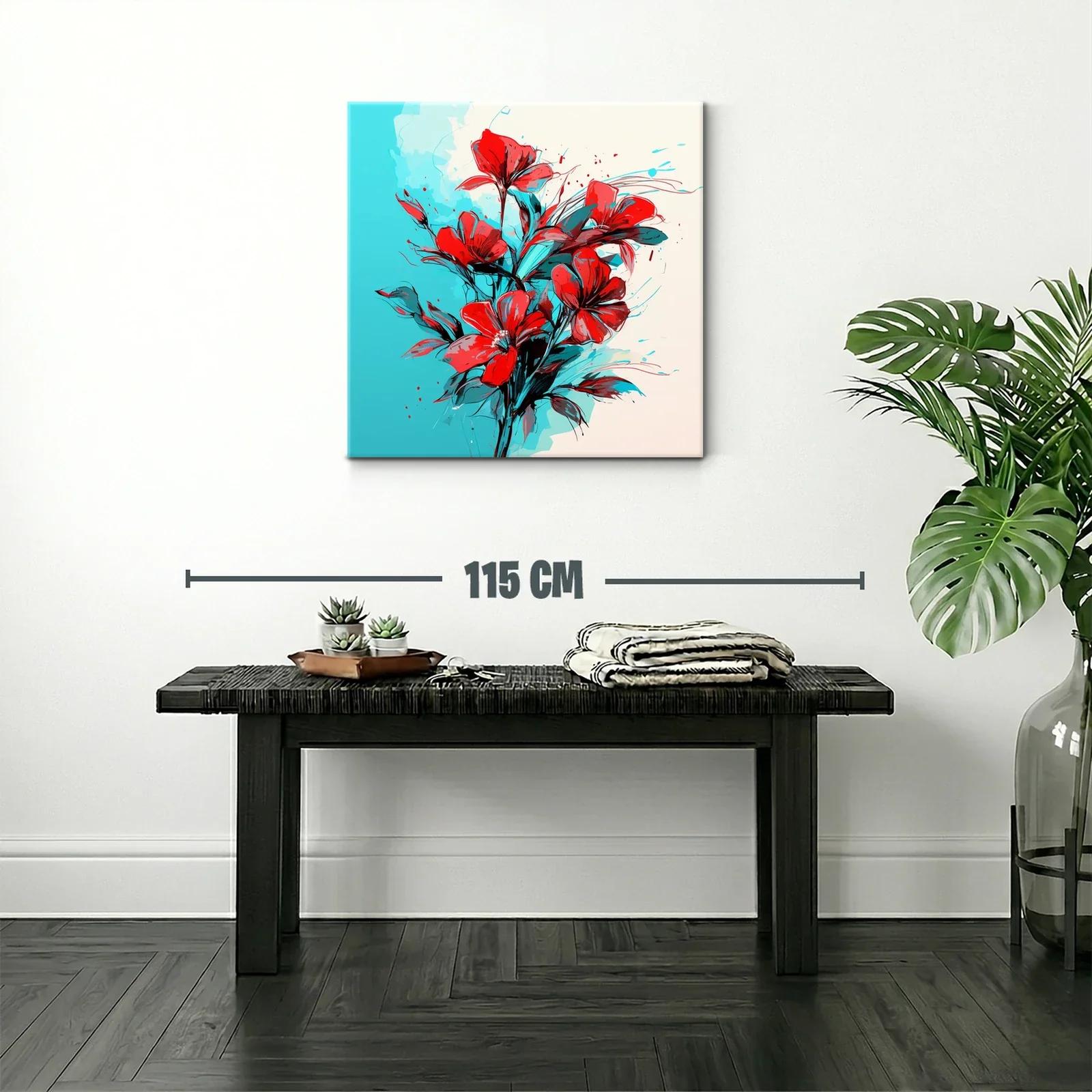 Ramo vibrante de flores rojas sobre fondo azul y beige — miniatura 2