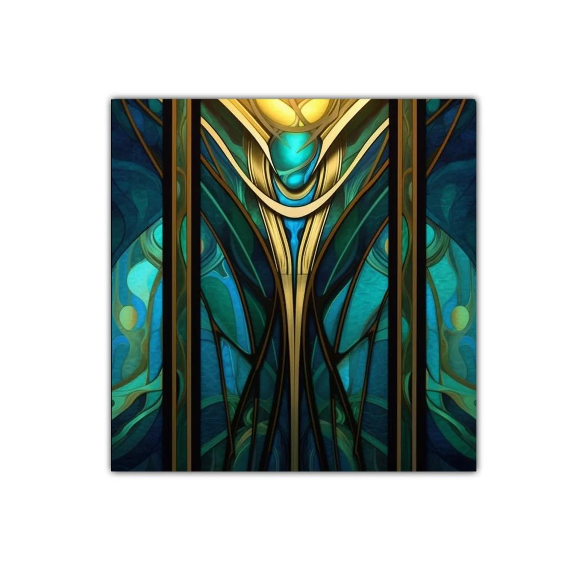 Cuadro abstracto con motivos dorados y turquesas vibrantes — imagen principal