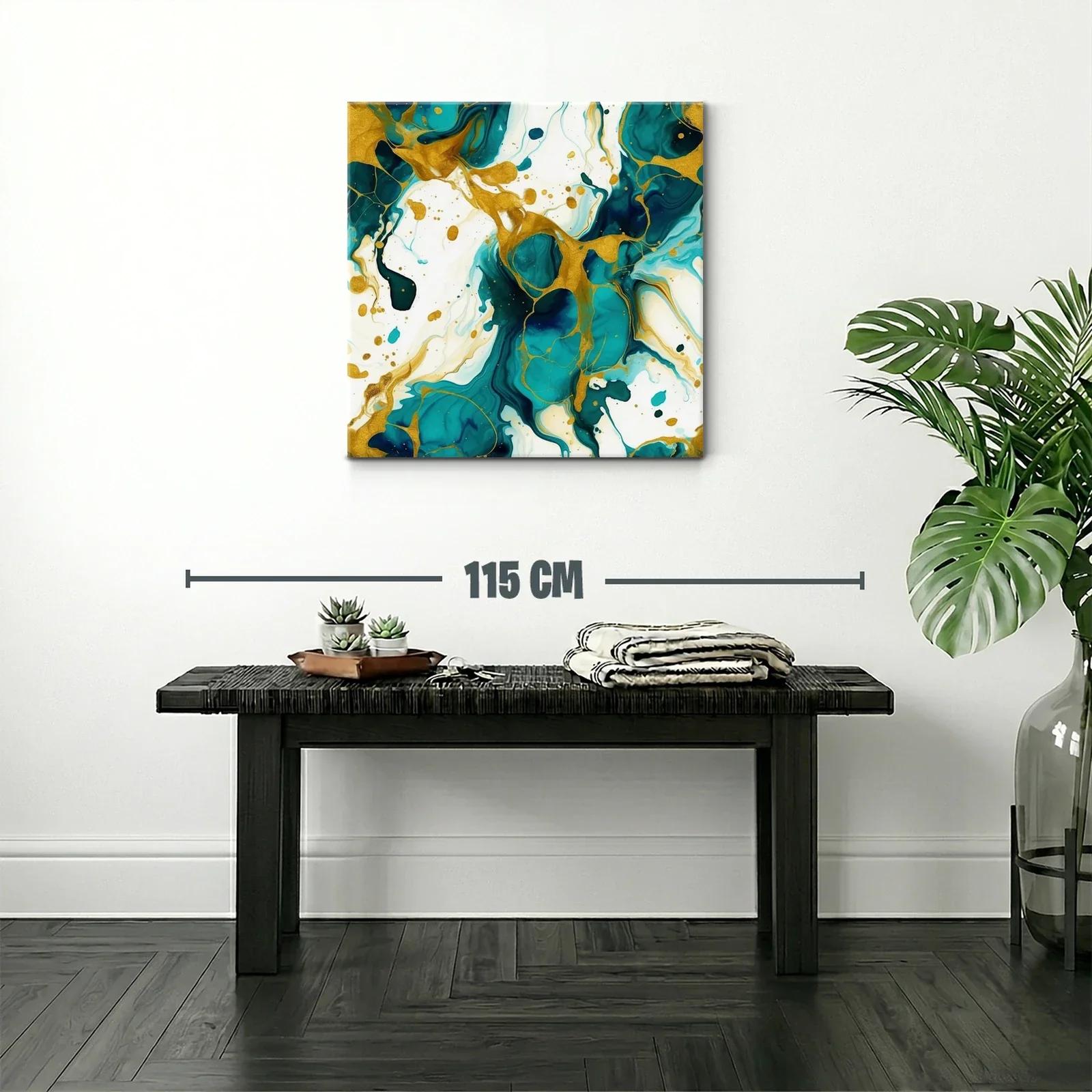 Cuadro abstracto con tonos turquesa y dorados vibrantes — miniatura 2