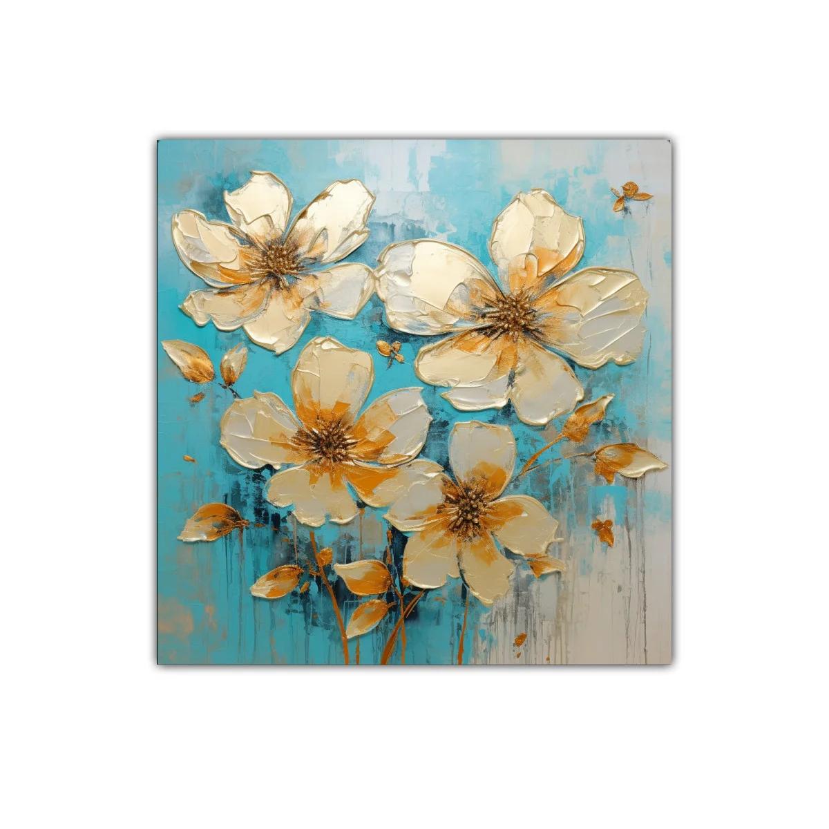 Cuadro floral con tonos dorados y fondo turquesa brillante