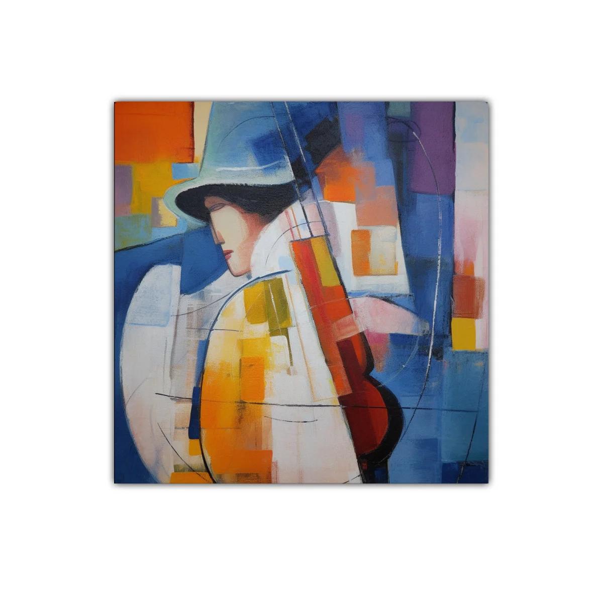 Cuadro abstracto con músico y paleta vibrante azul y naranja — imagen principal
