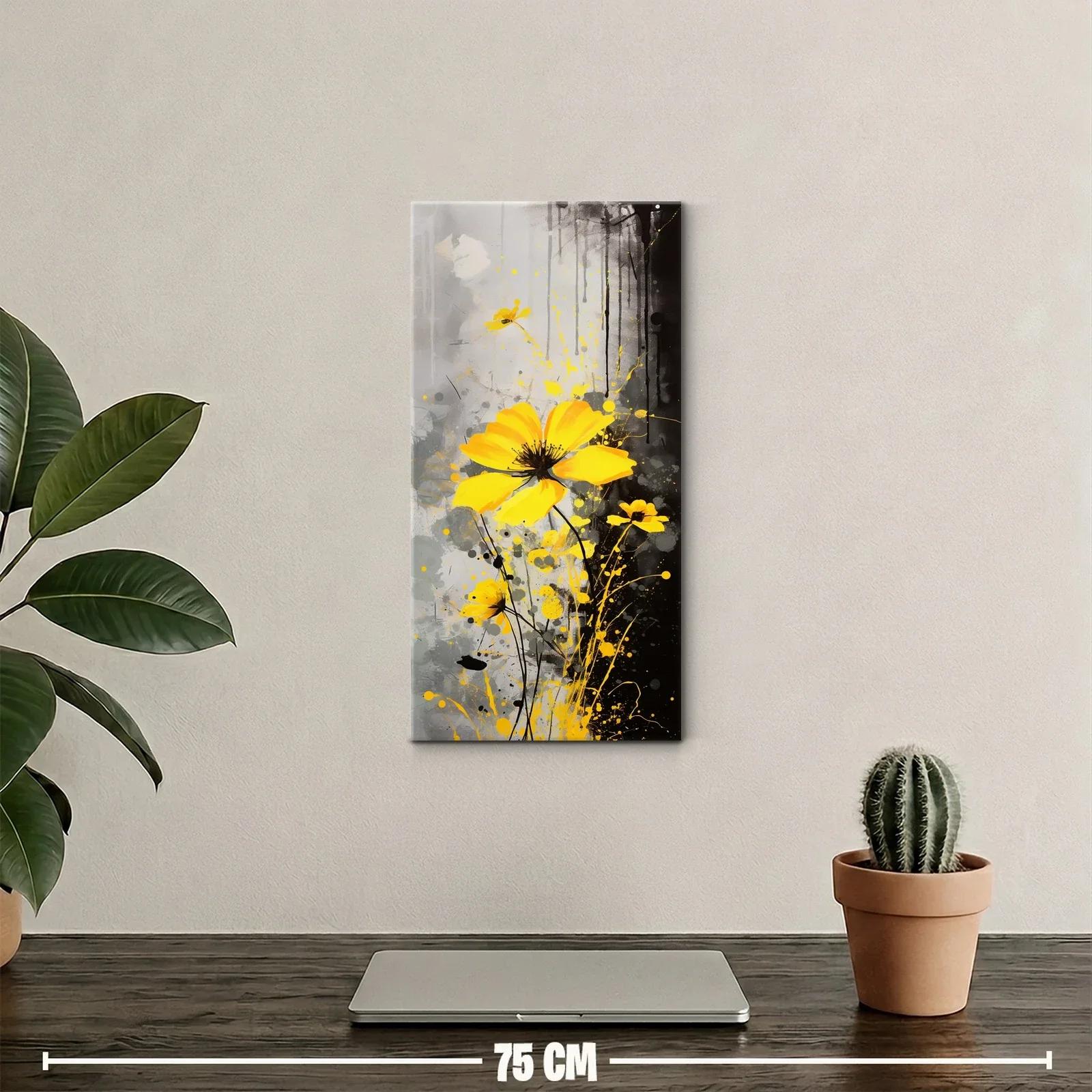 Cuadro flor amarilla tipo cosmos con fondo oscuro y salpicaduras — miniatura 2