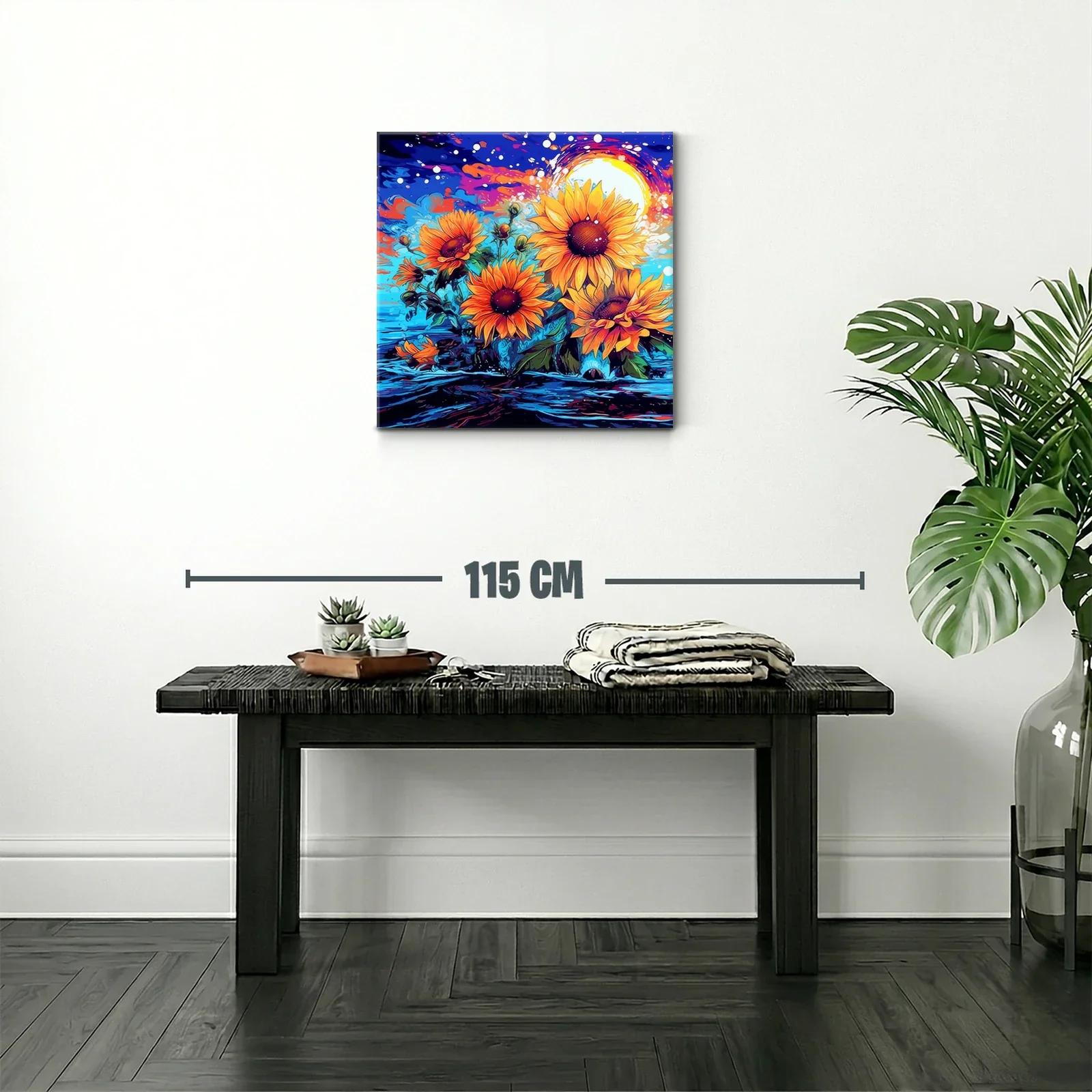 Cuadro vibrante de girasoles con fondo azul y naranja — miniatura 2