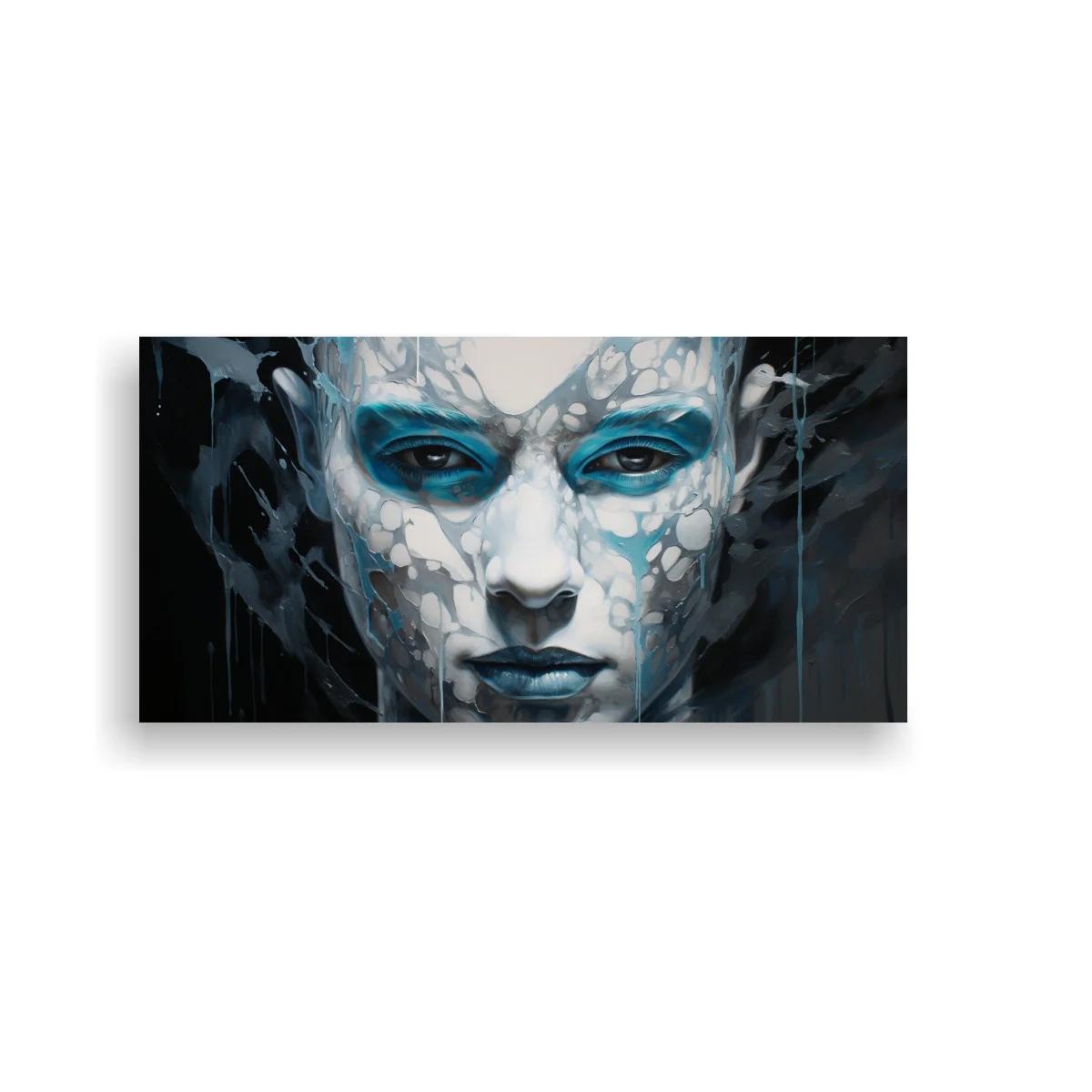 Cuadro rostro femenino con pintura azul y contraste oscuro — imagen principal
