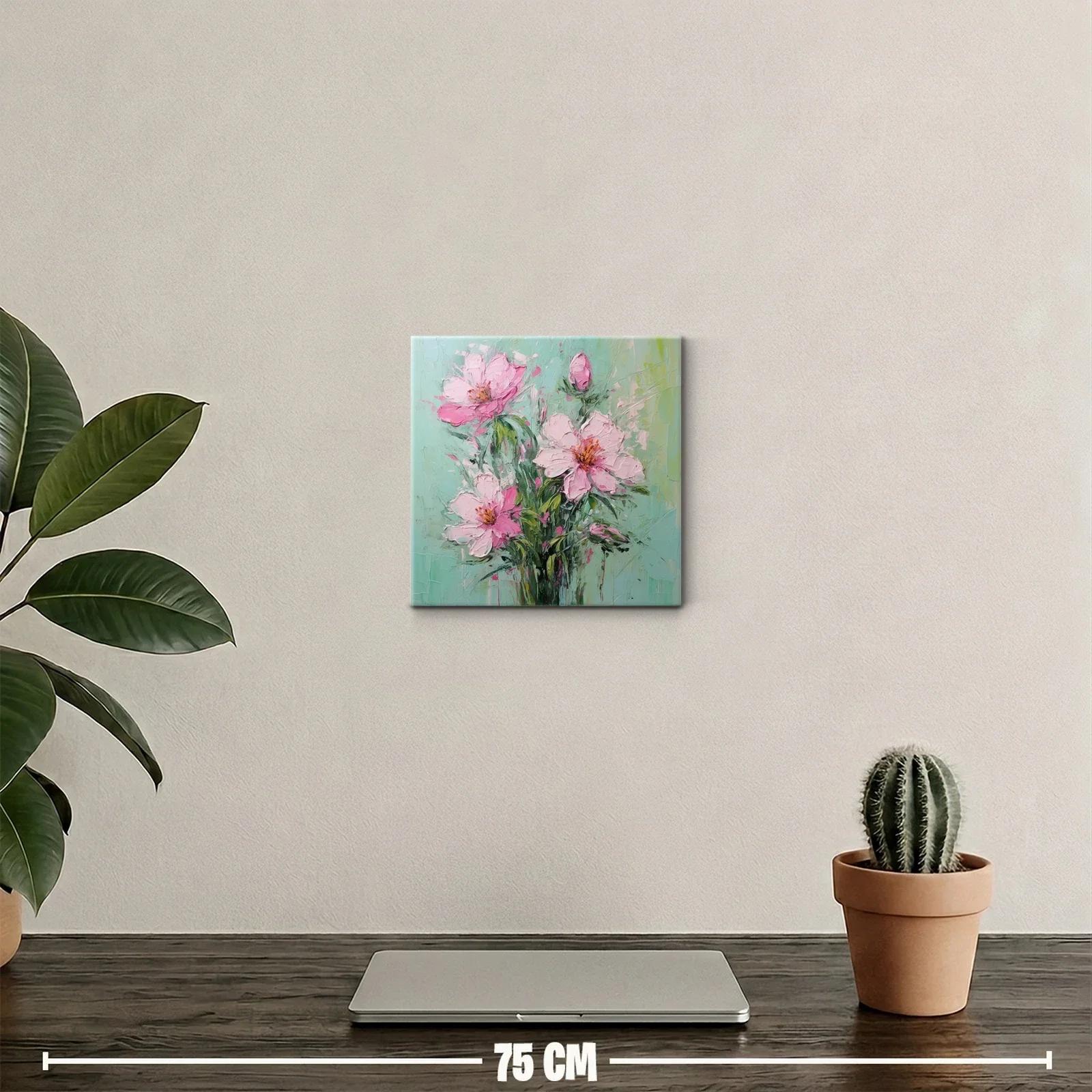 Cuadro decorativo con flores rosas sobre fondo verde pastel — miniatura 2