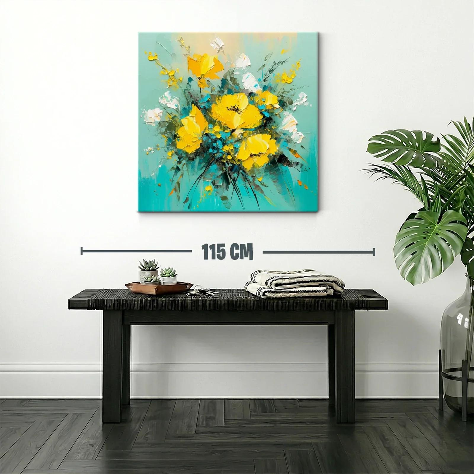 Cuadro moderno con ramo de flores amarillas y fondo turquesa — miniatura 2