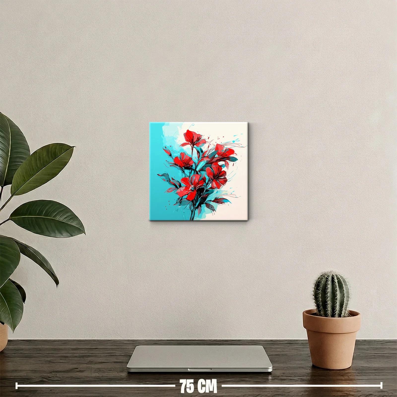 Ramo vibrante de flores rojas sobre fondo azul y beige — miniatura 2