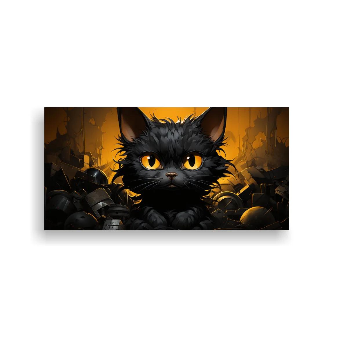 Cuadro gato negro peludo entre chatarra y metal — imagen principal