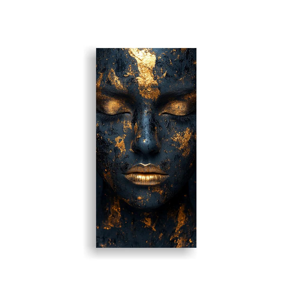 Cuadro rostro humano con ojos cerrados y acabado dorado agrietado — imagen principal