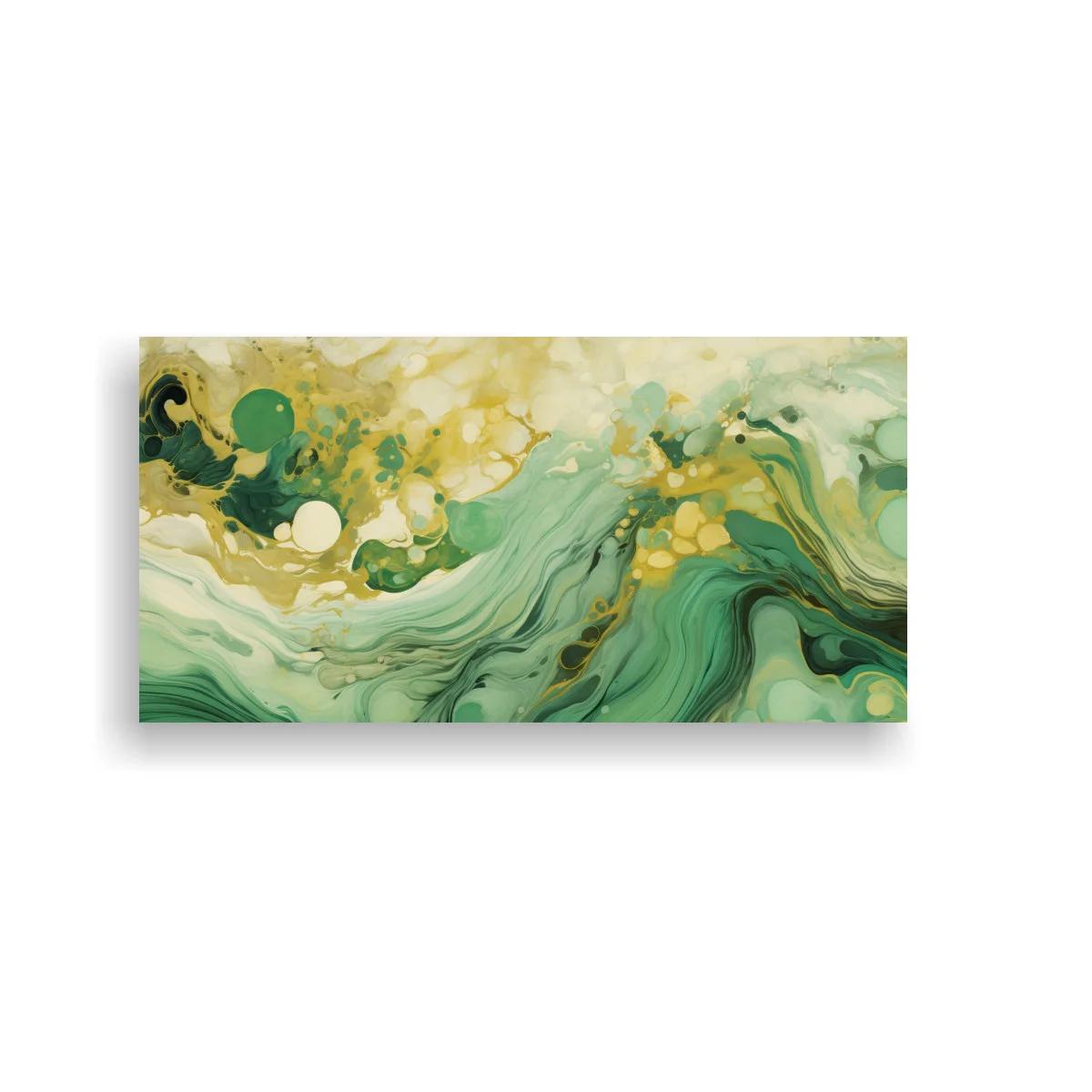 Cuadro abstracción fluida verde y dorada con vetas marmoleadas — imagen principal