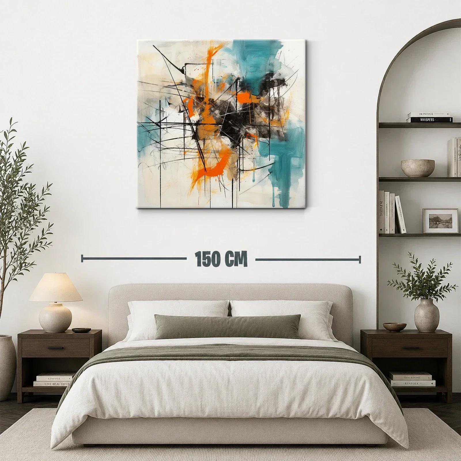 Cuadro abstracto con trazos en naranja y turquesa vibrante — miniatura 3