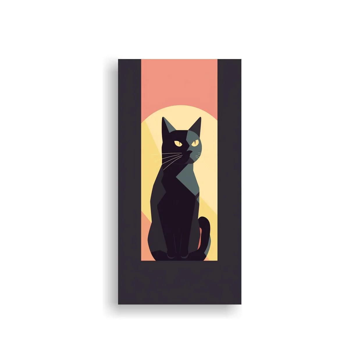 Cuadro gato negro con fondo geométrico y círculo claro — imagen principal