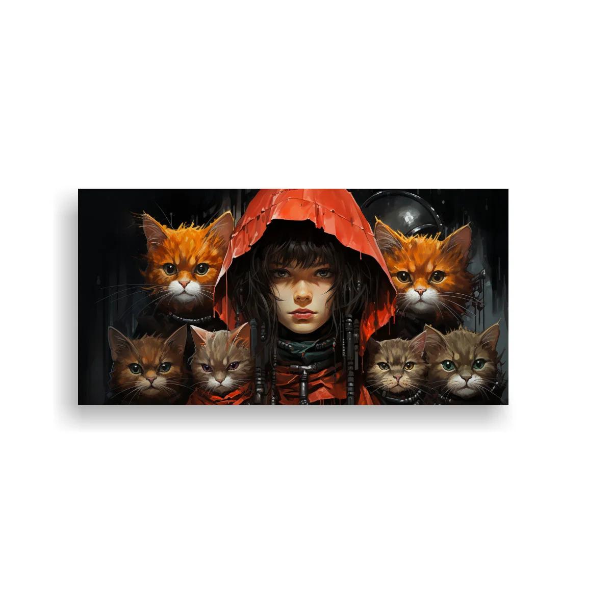 Cuadro niña con capucha roja y seis gatos — imagen principal