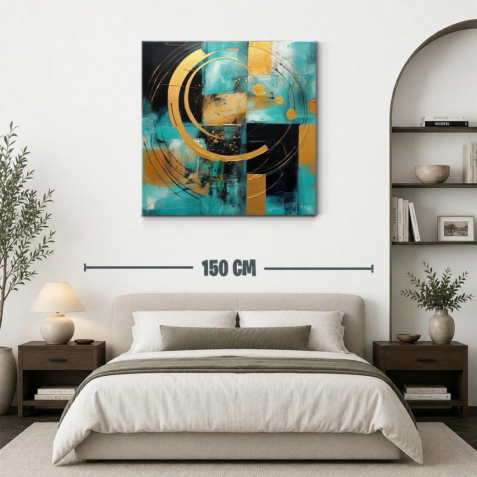 Cuadro abstracto con círculos dorados sobre fondo turquesa y negro — miniatura 3