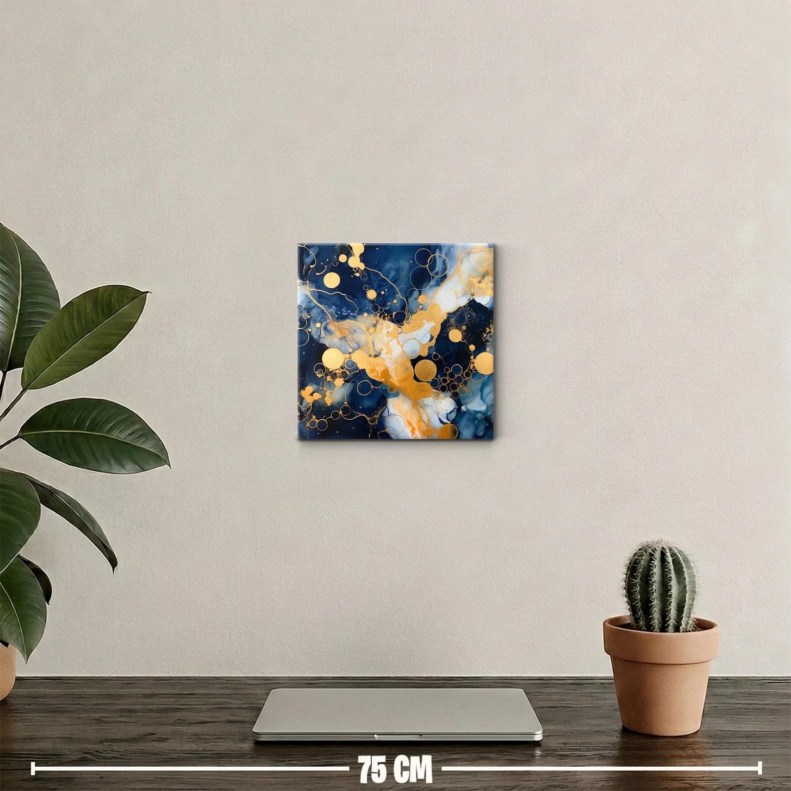 Cuadro abstracto con círculos dorados y tonos azul profundo — miniatura 2
