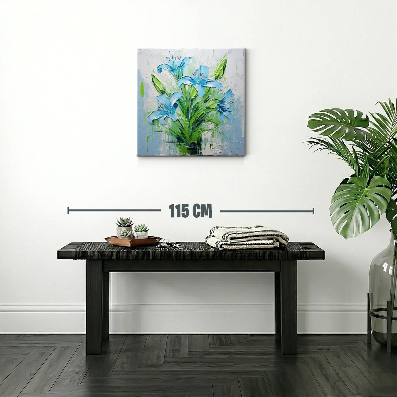 Cuadro floral intenso con lirios azules y verdes vibrantes — miniatura 2