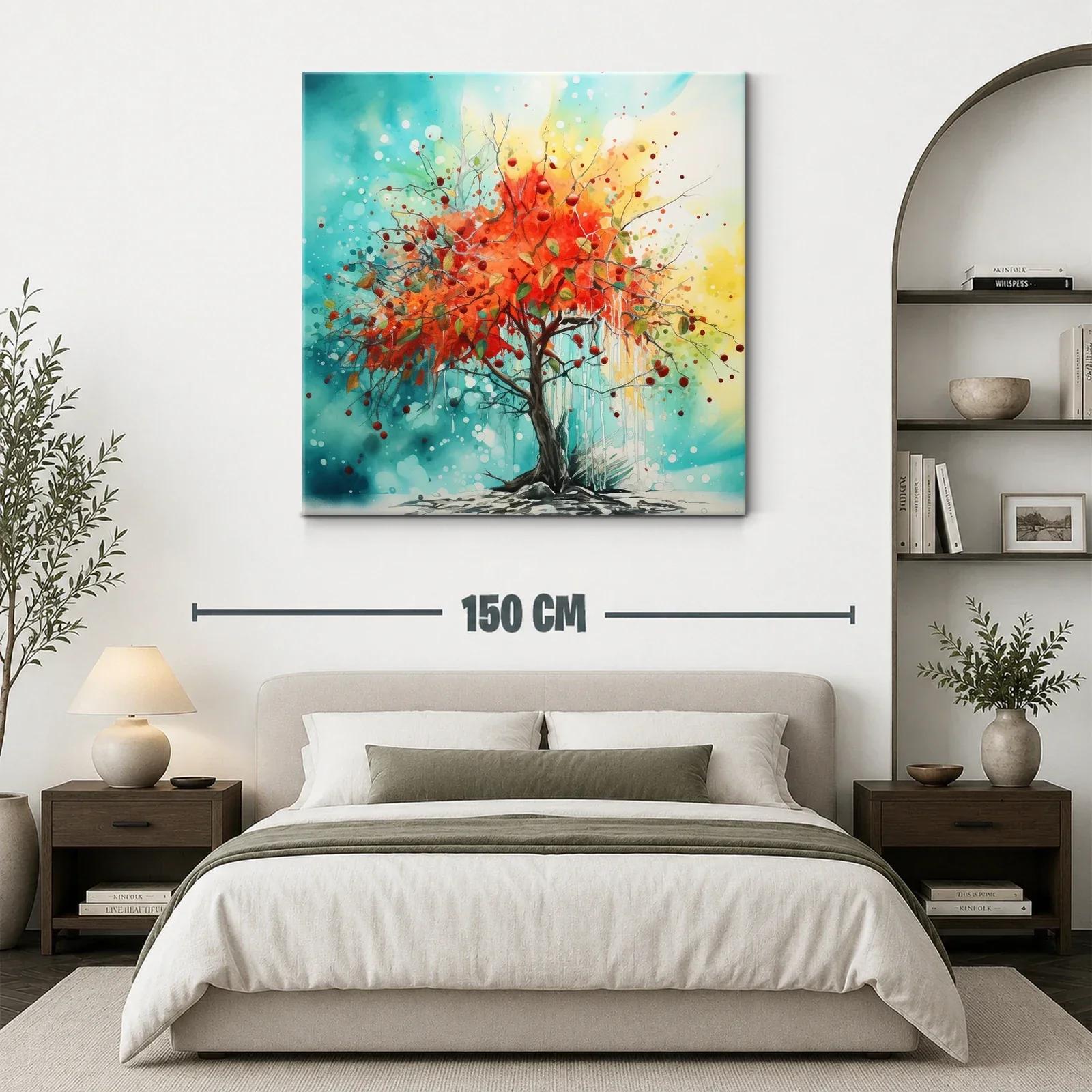Árbol vibrante con hojas rojas en fondo azul y amarillo — miniatura 3