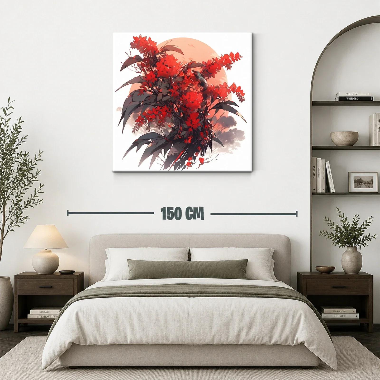 Cuadro floral con aves en tonos rojizos y contraste oscuro — miniatura 3