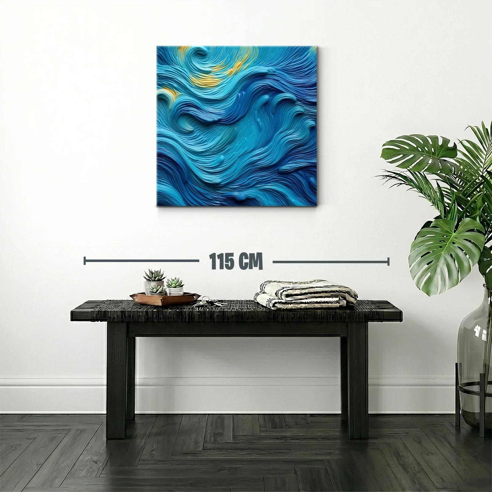 Cuadro abstracto con ondas en tonos azules y toques dorados — miniatura 2