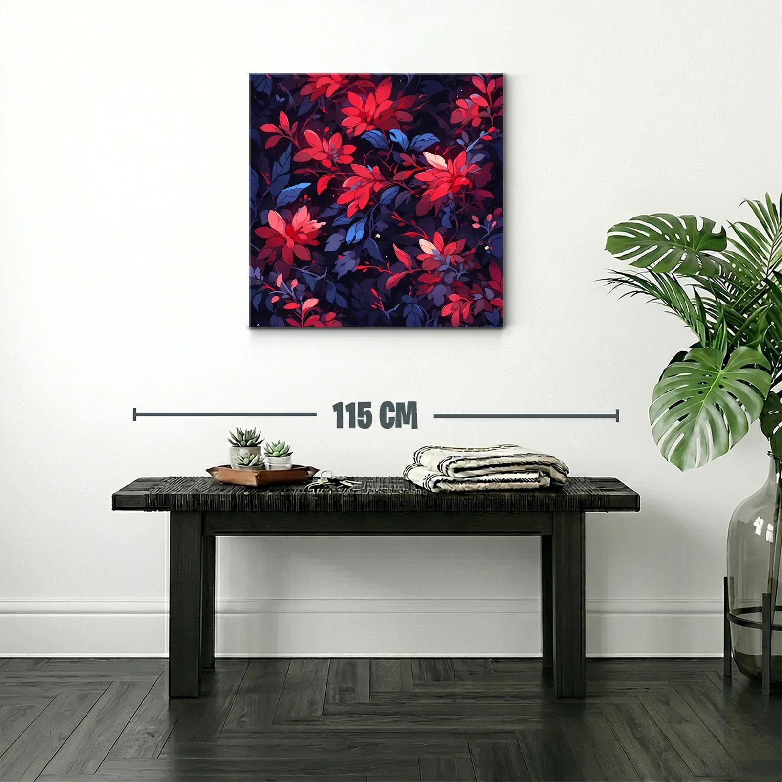Cuadro floral vibrante en tonos rojos y azul oscuro — miniatura 2