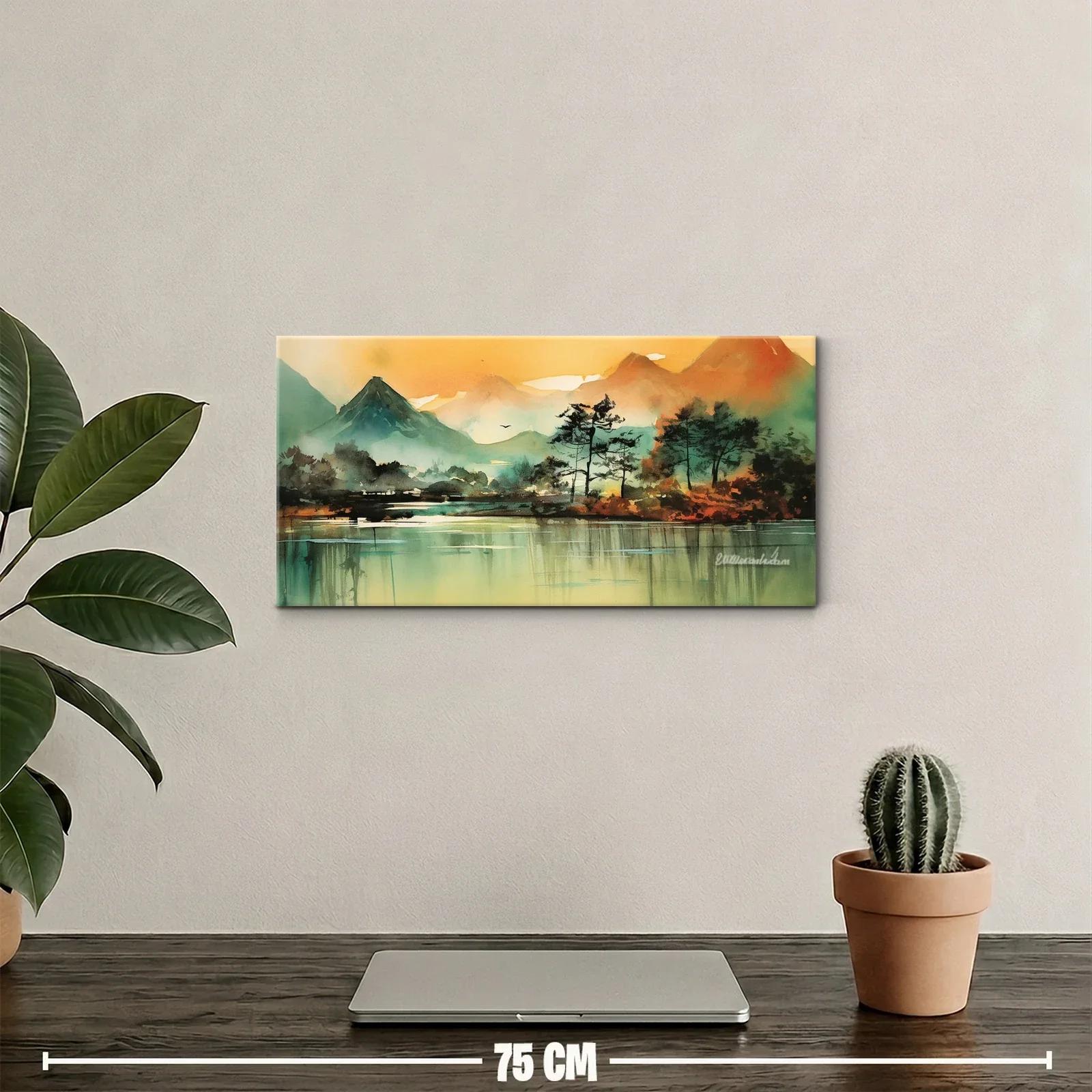 Cuadro paisaje de lago con montañas y aves en vuelo — miniatura 2