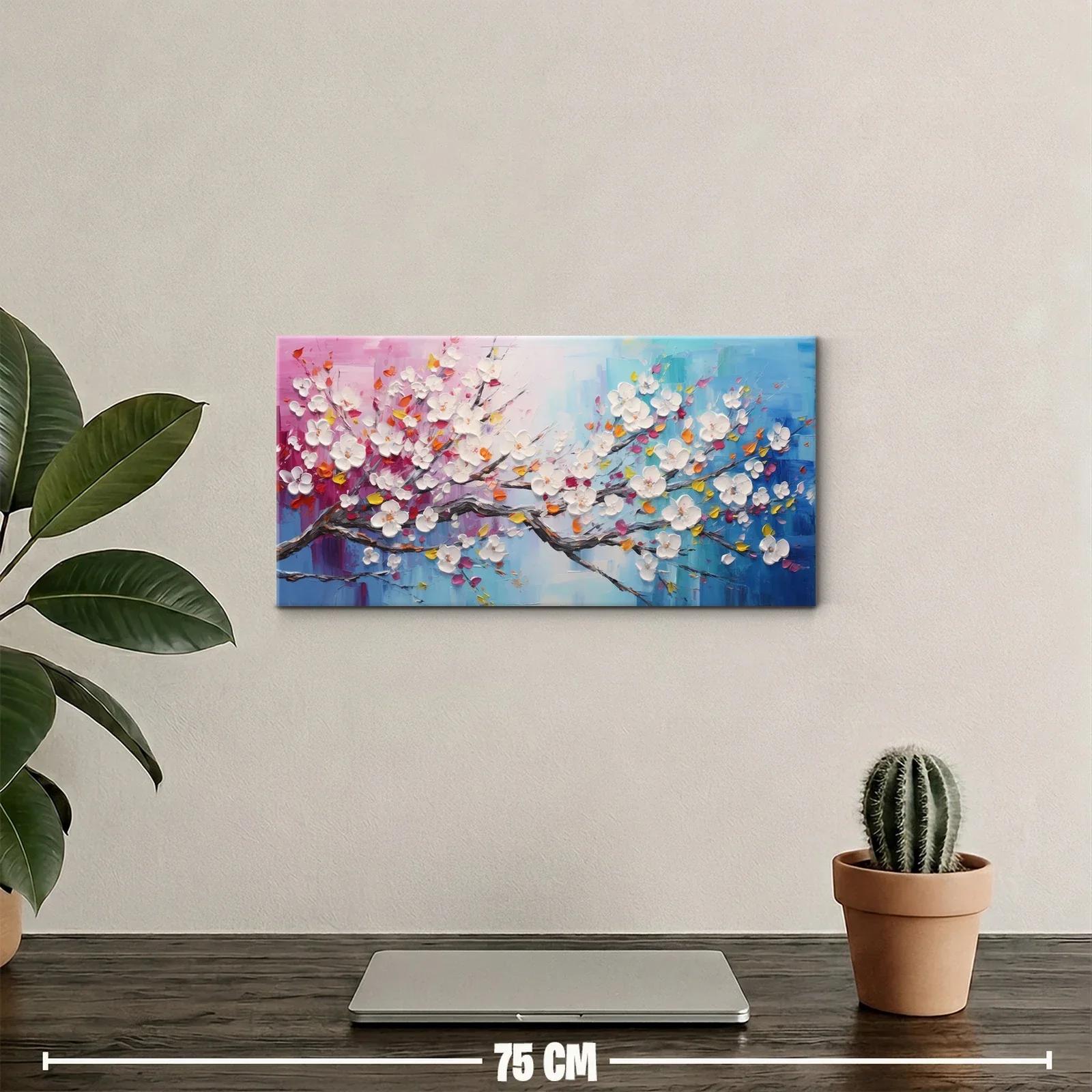 Cuadro rama de flor de cerezo en diagonal con fondo turquesa y lila — miniatura 2