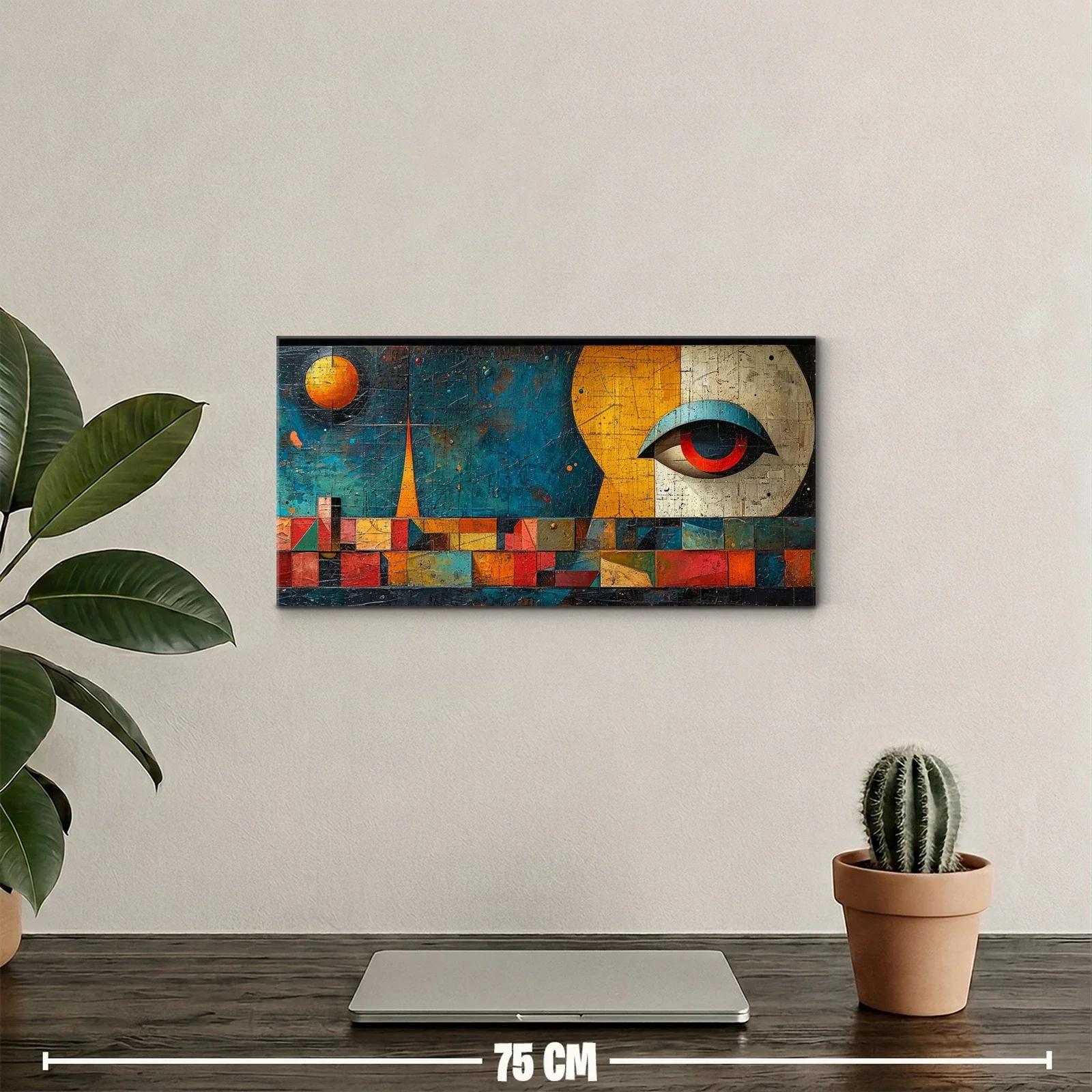 Cuadro ojo surrealista con luna naranja y torre puntiaguda — miniatura 2