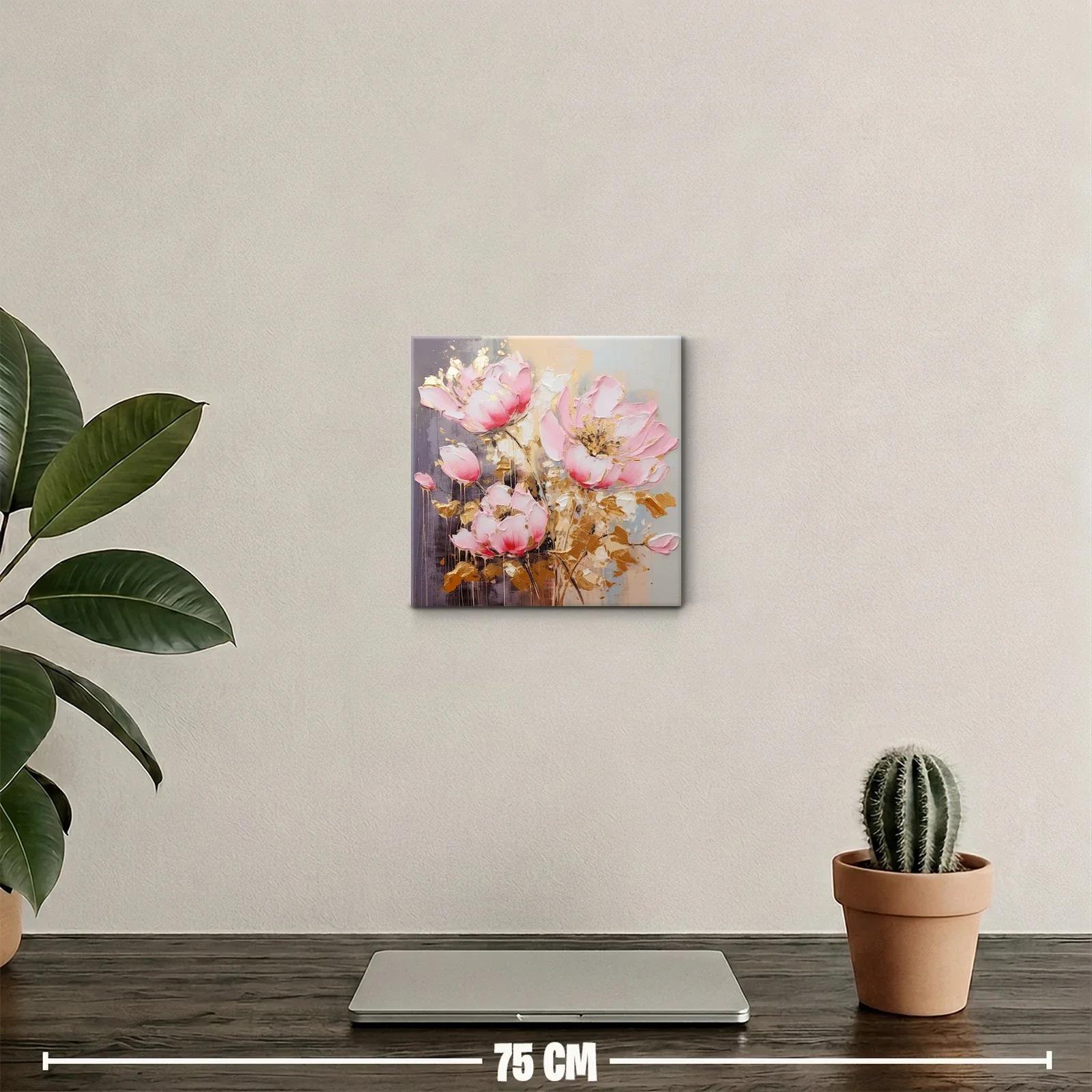 Cuadro decorativo con flores rosas y toques dorados — miniatura 2