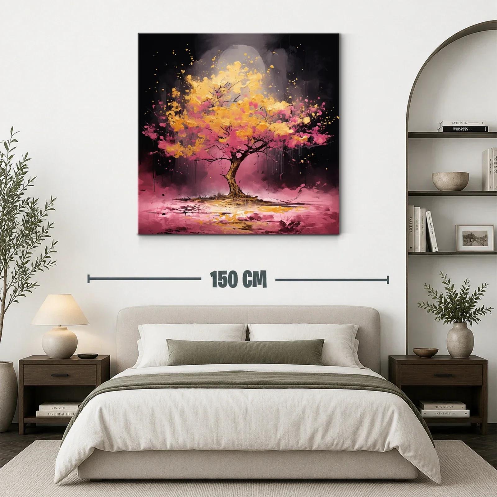 Árbol vibrante con tonos dorados y rosas en fondo oscuro — miniatura 3
