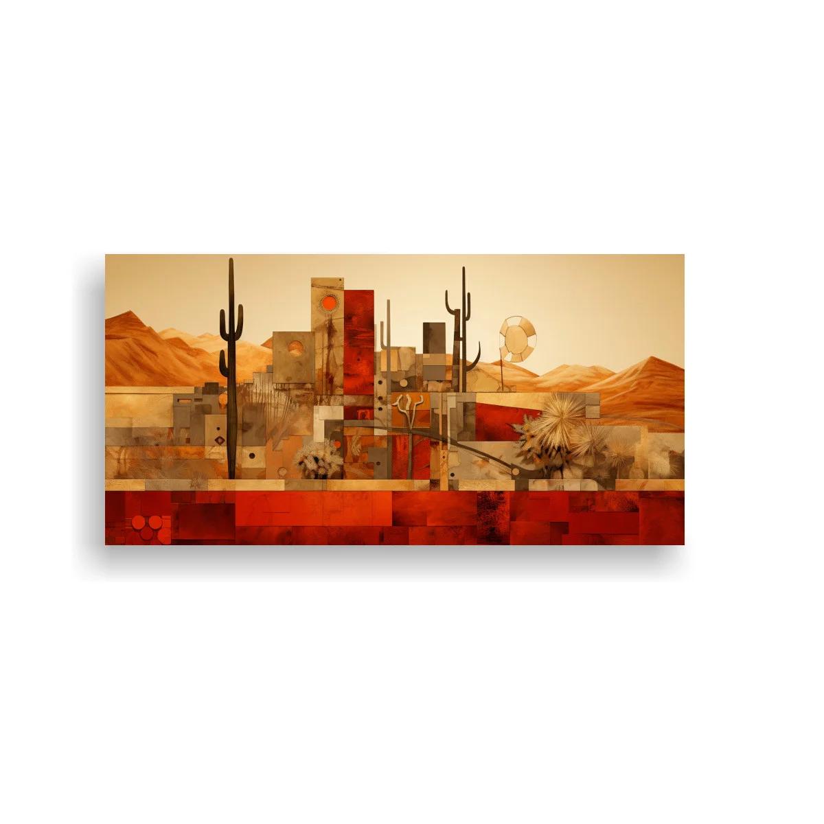 Cuadro paisaje urbano desértico con sol rojo y cactus — imagen principal