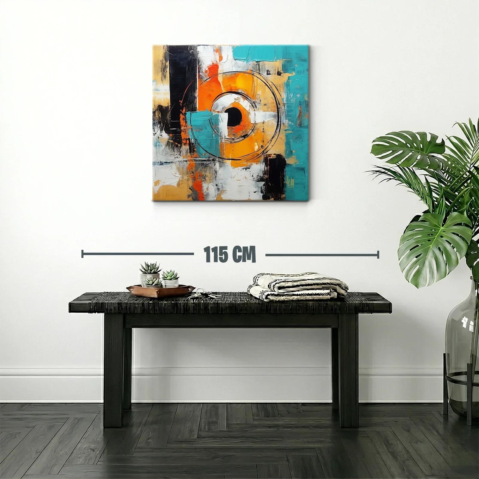 Cuadro abstracto con círculos y tonos vibrantes en azul y naranja — miniatura 2