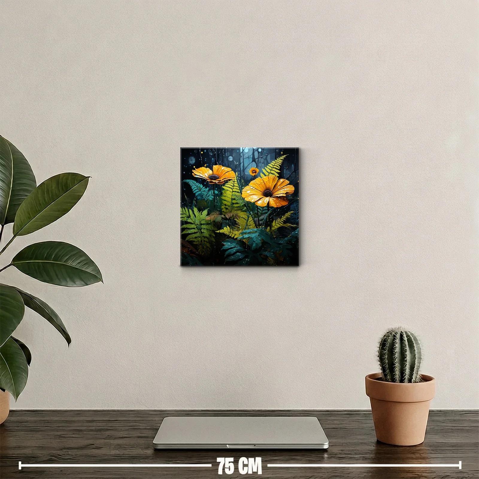 Flores amarillas en bosque oscuro con gotas de rocío — miniatura 2