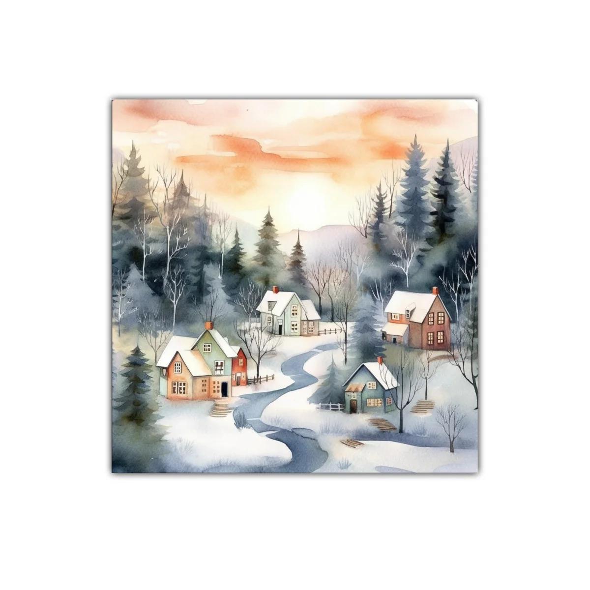 Paisaje invernal con riachuelos y cabañas al amanecer — miniatura 1